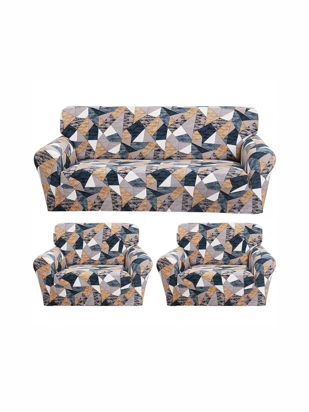 

B BESTILO Beige & White 3 Piece Printed Sofa Cover With Arms