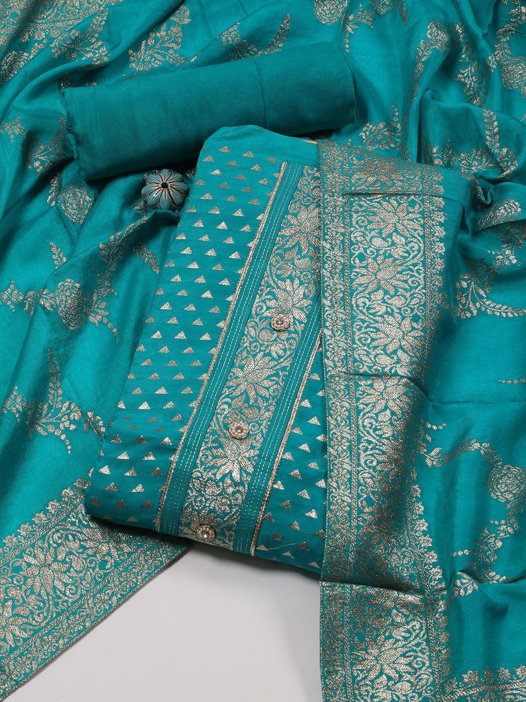 

Meena Bazaar Zari Geometric Woven Design Unstitched Dress Material, Blue
