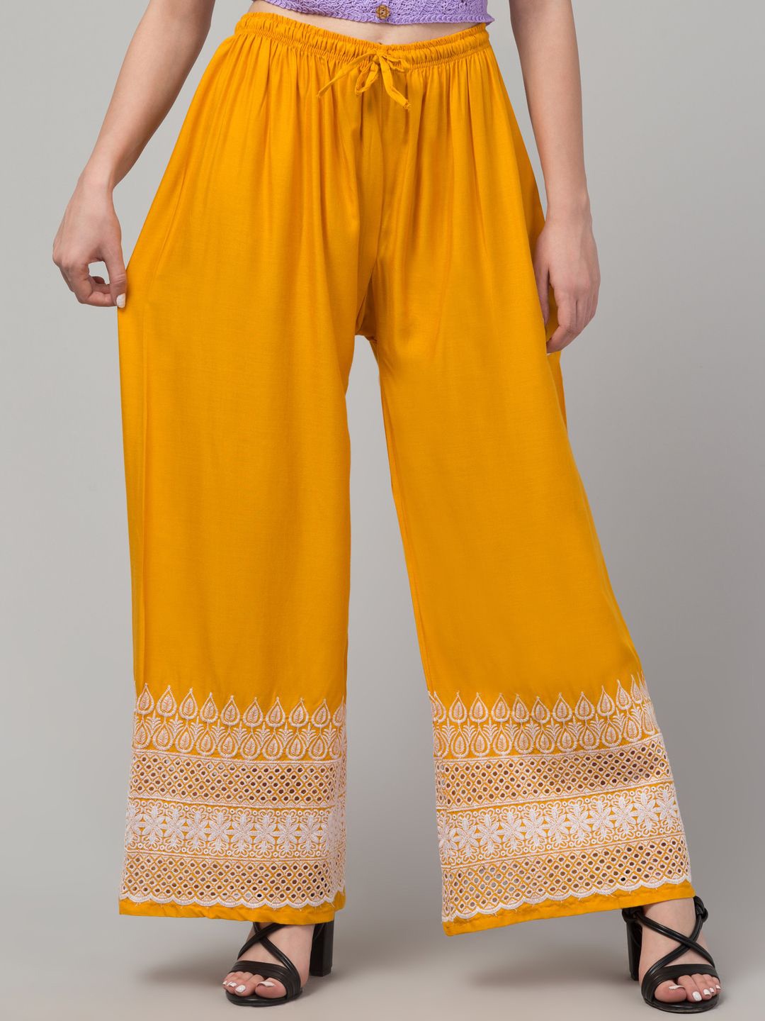 

FAMBEE Women Embroidered Flared Knitted Palazzos, Mustard