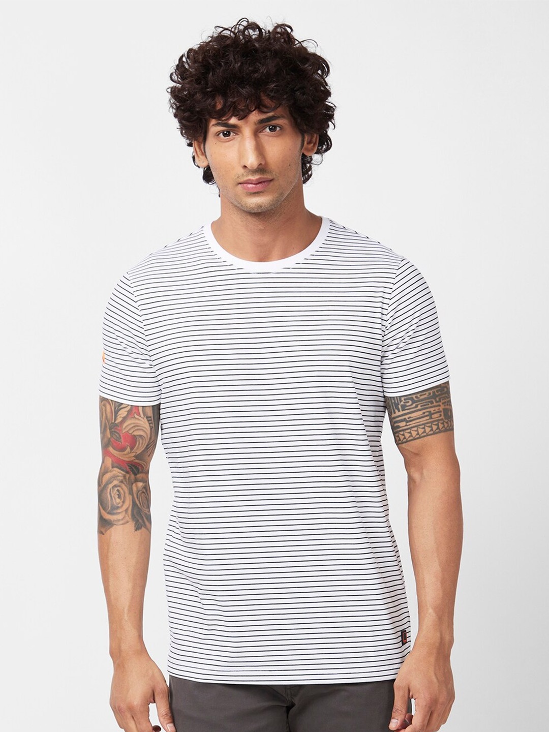 

SPYKAR Striped Slim Fit Cotton T-shirt, White