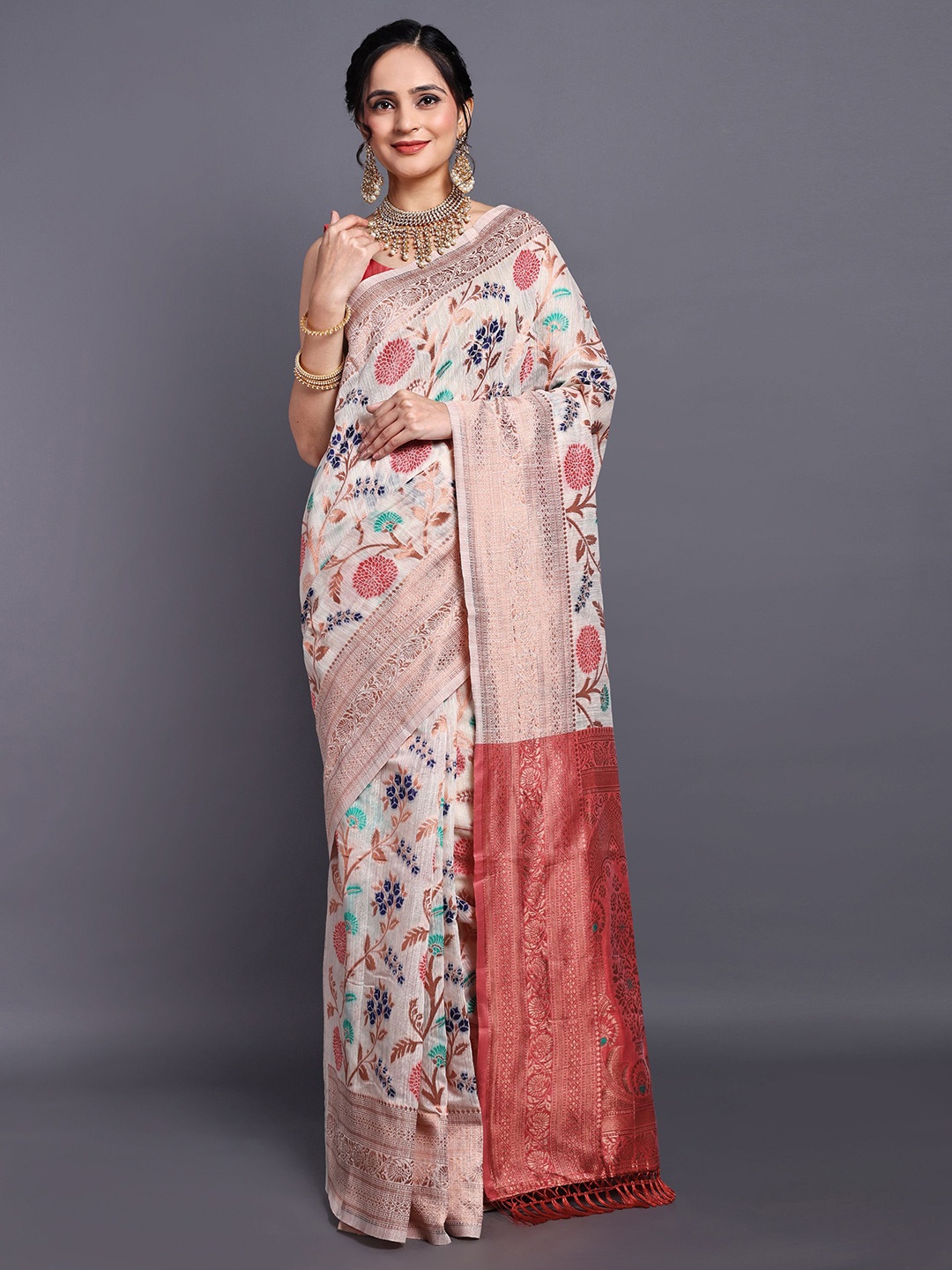 

SWAMI STUDIO Floral Zari Pure Cotton Kanjeevaram Saree, Cream