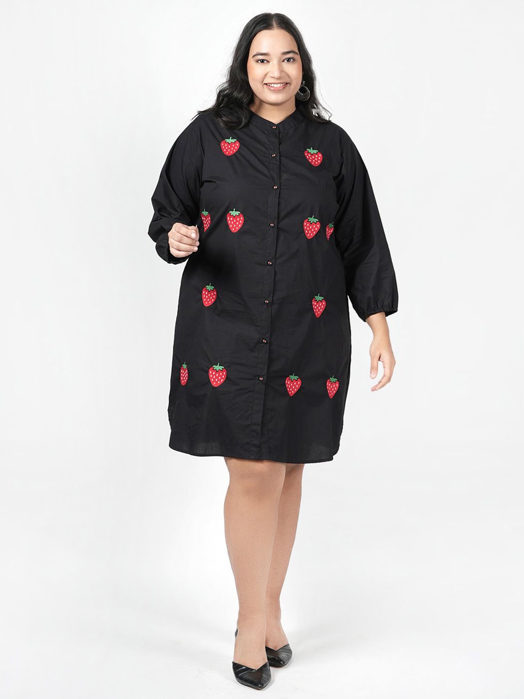 

LastInch Floral Embroidered Shirt Dress, Black