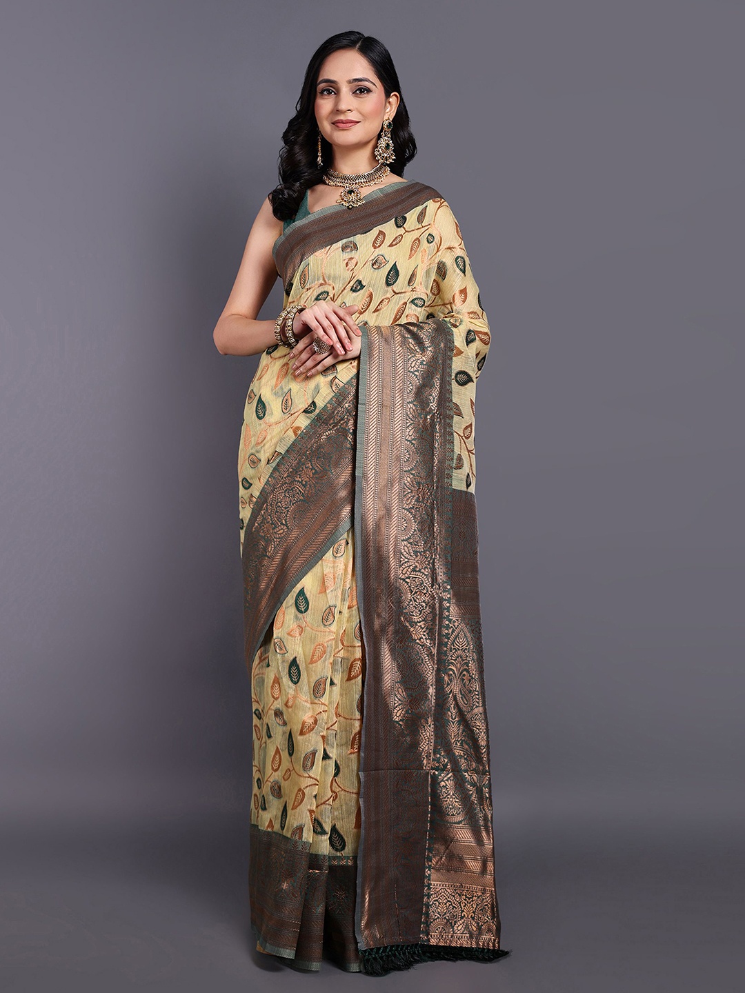 

SWAMI STUDIO Floral Zari Pure Cotton Kanjeevaram Saree, Yellow