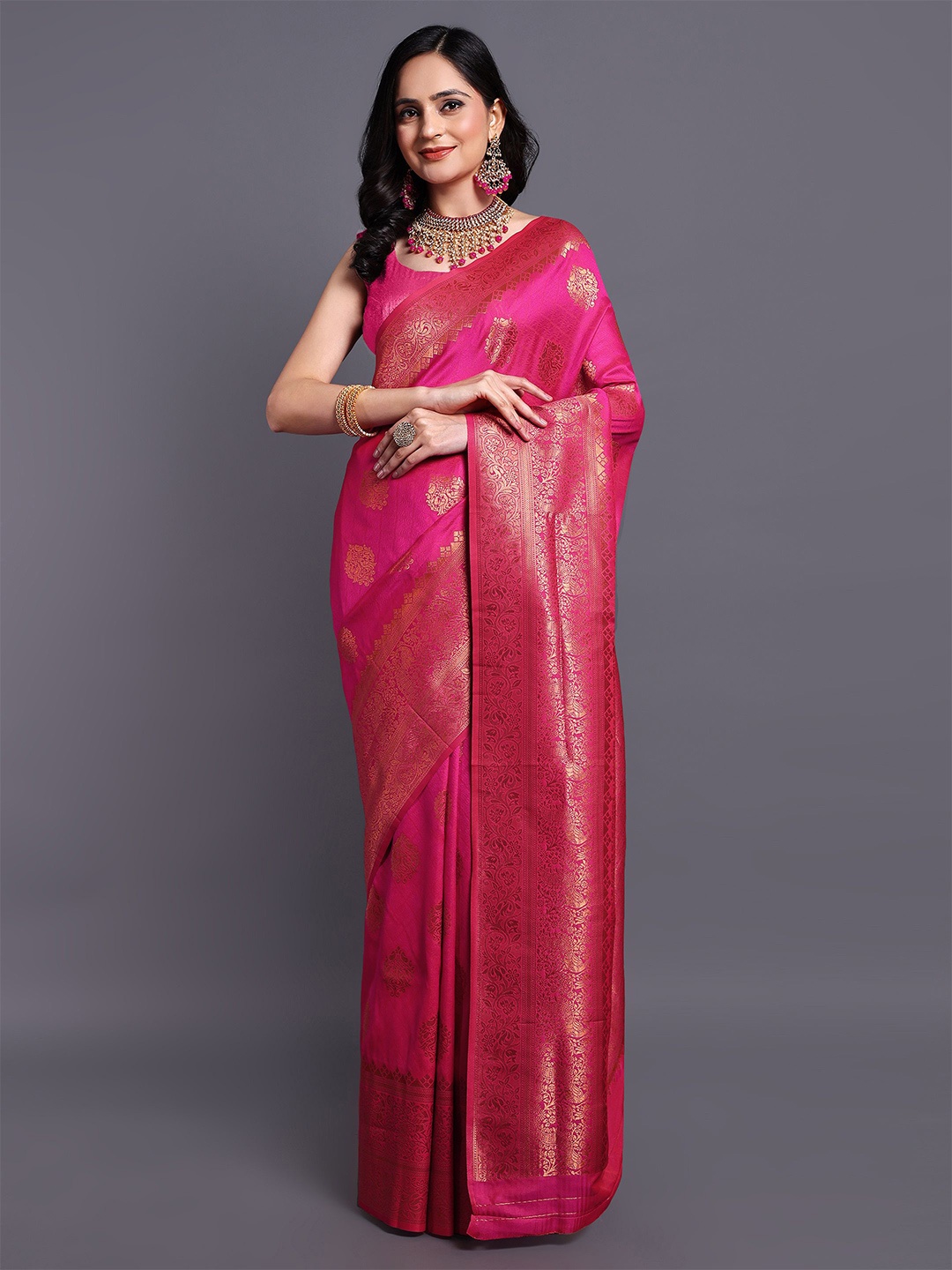 

SWAMI STUDIO Floral Zari Pure Cotton Kanjeevaram Saree, Pink