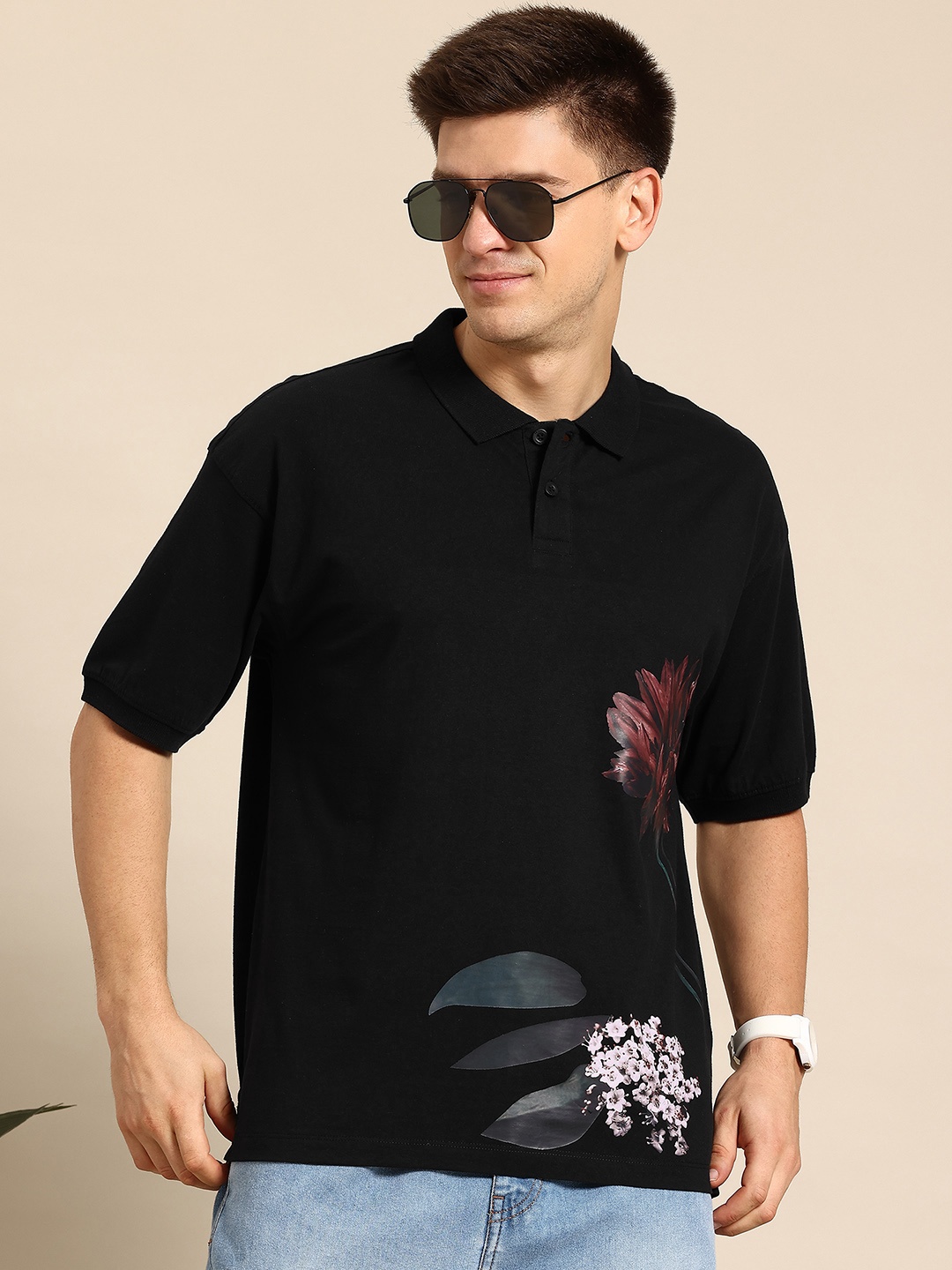 

Mast & Harbour Printed Polo Collar T-shirt with Drop-Shoulder Sleeves, Black
