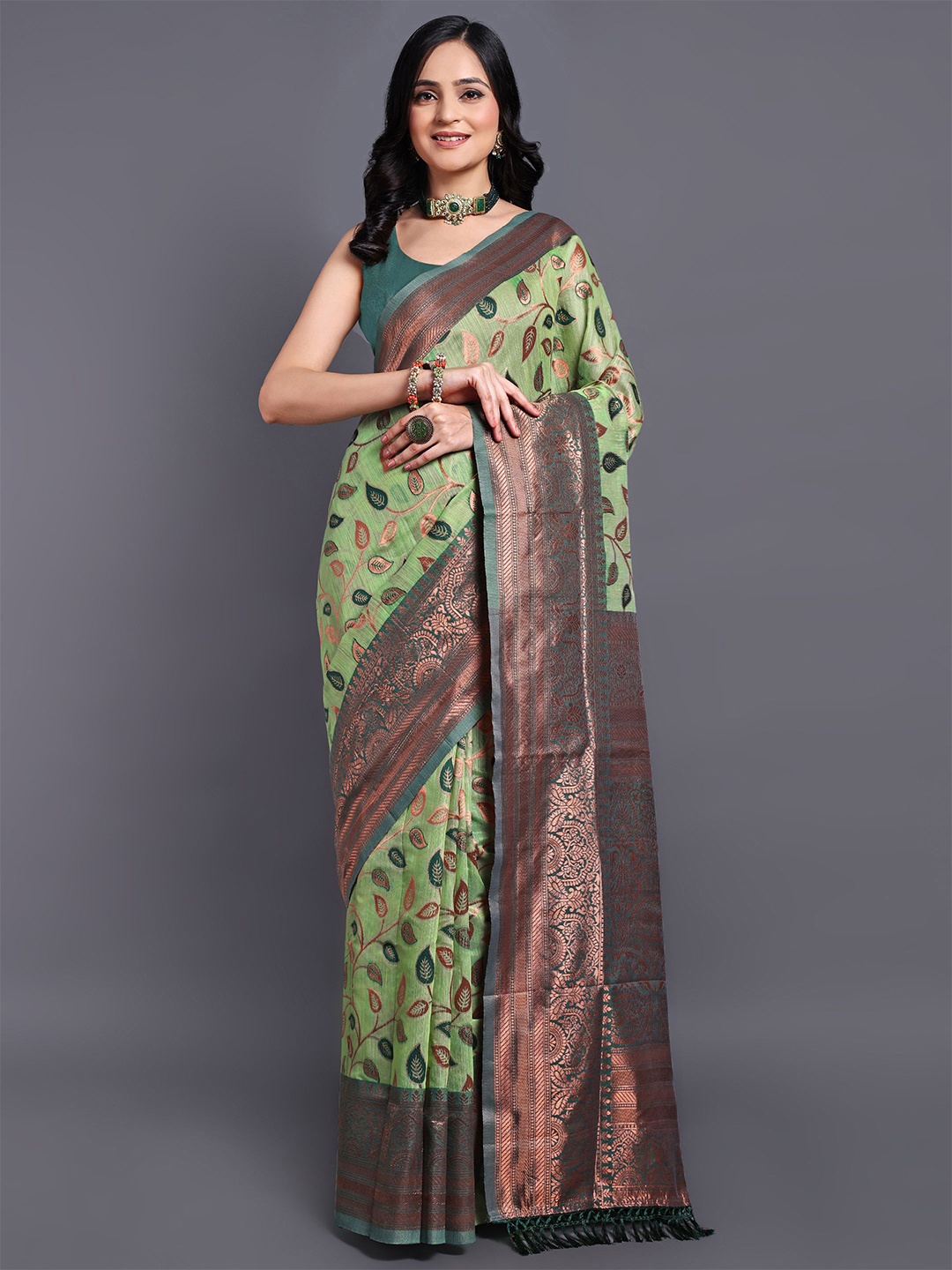 

SWAMI STUDIO Floral Zari Pure Cotton Kanjeevaram Saree, Green