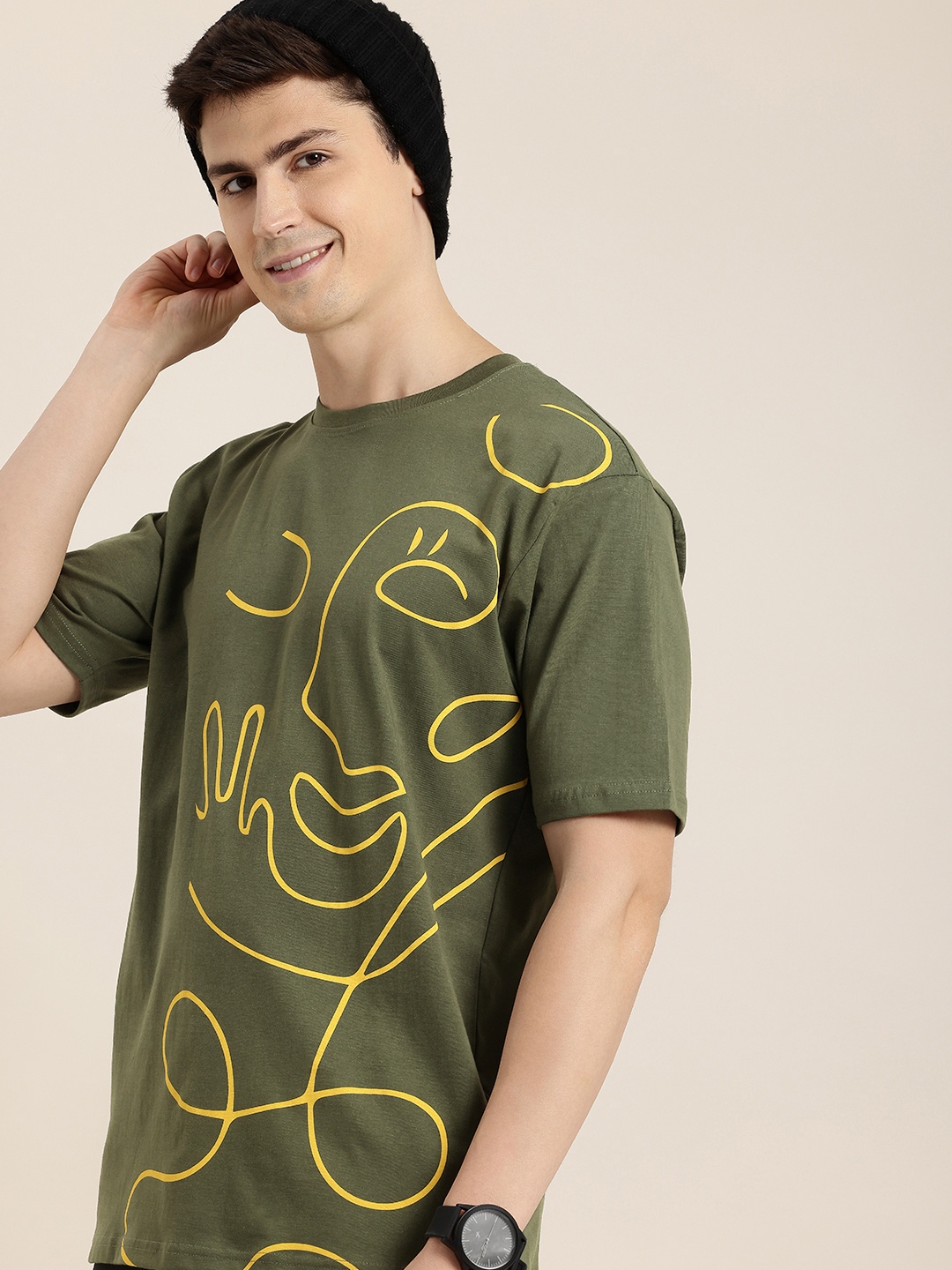 

HERE&NOW Printed Drop-Shoulder Sleeves Pure Cotton T-shirt, Green