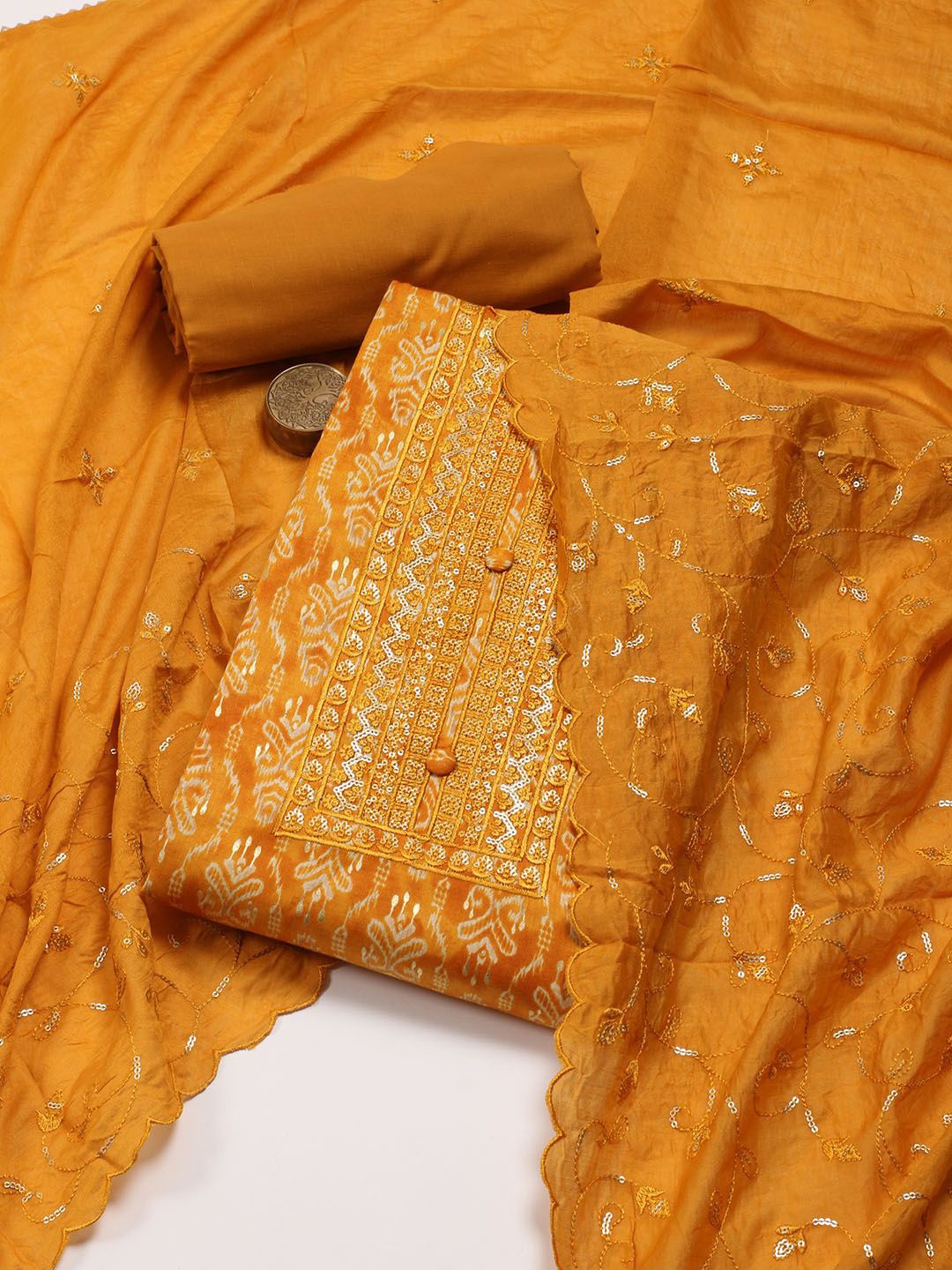 

Meena Bazaar Ethnic Motifs Printed Sequinned Unstitched Dress Material, Mustard