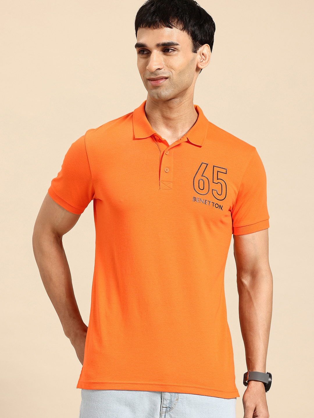 

United Colors of Benetton Men Typography Printed Polo Collar T-shirt, Orange