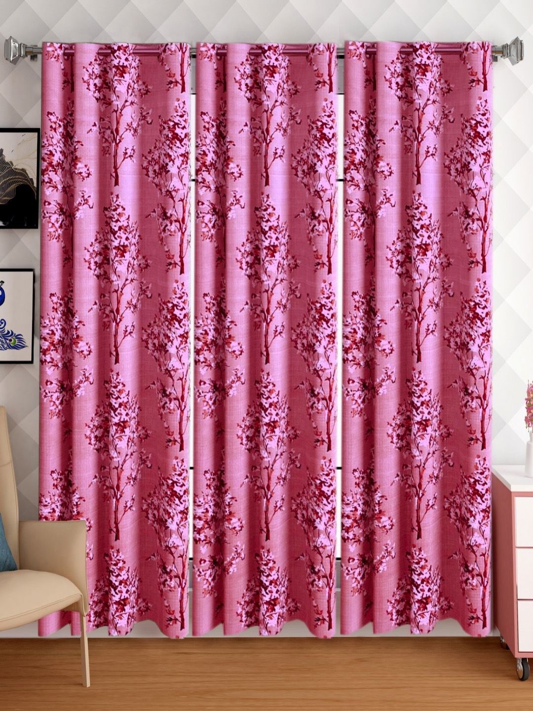 

Lunar Days Pink Set of 3 Floral Room Darkening Long Door Curtain