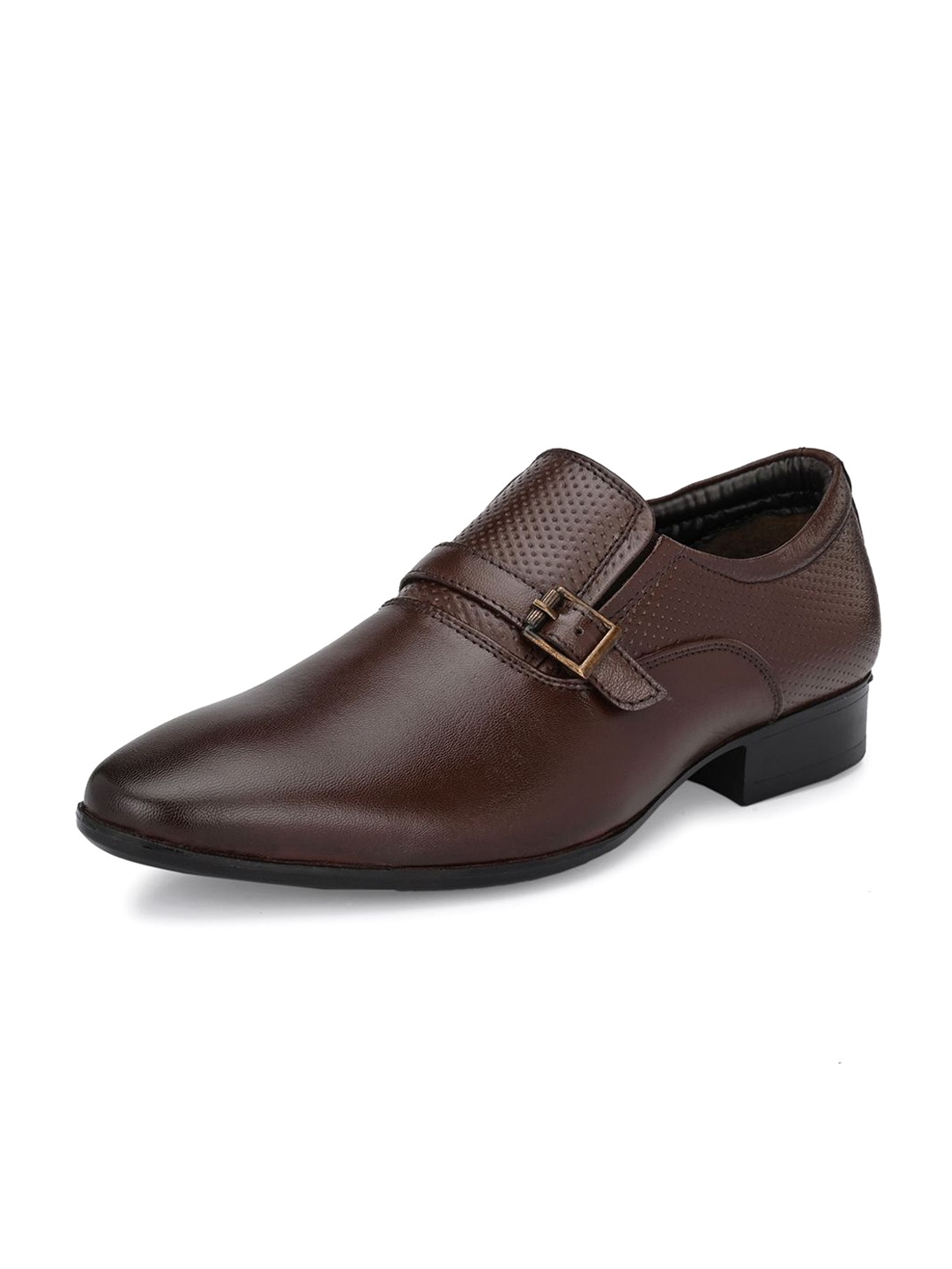 

Auserio Men Textured Leather Formal Monk Shoes, Brown