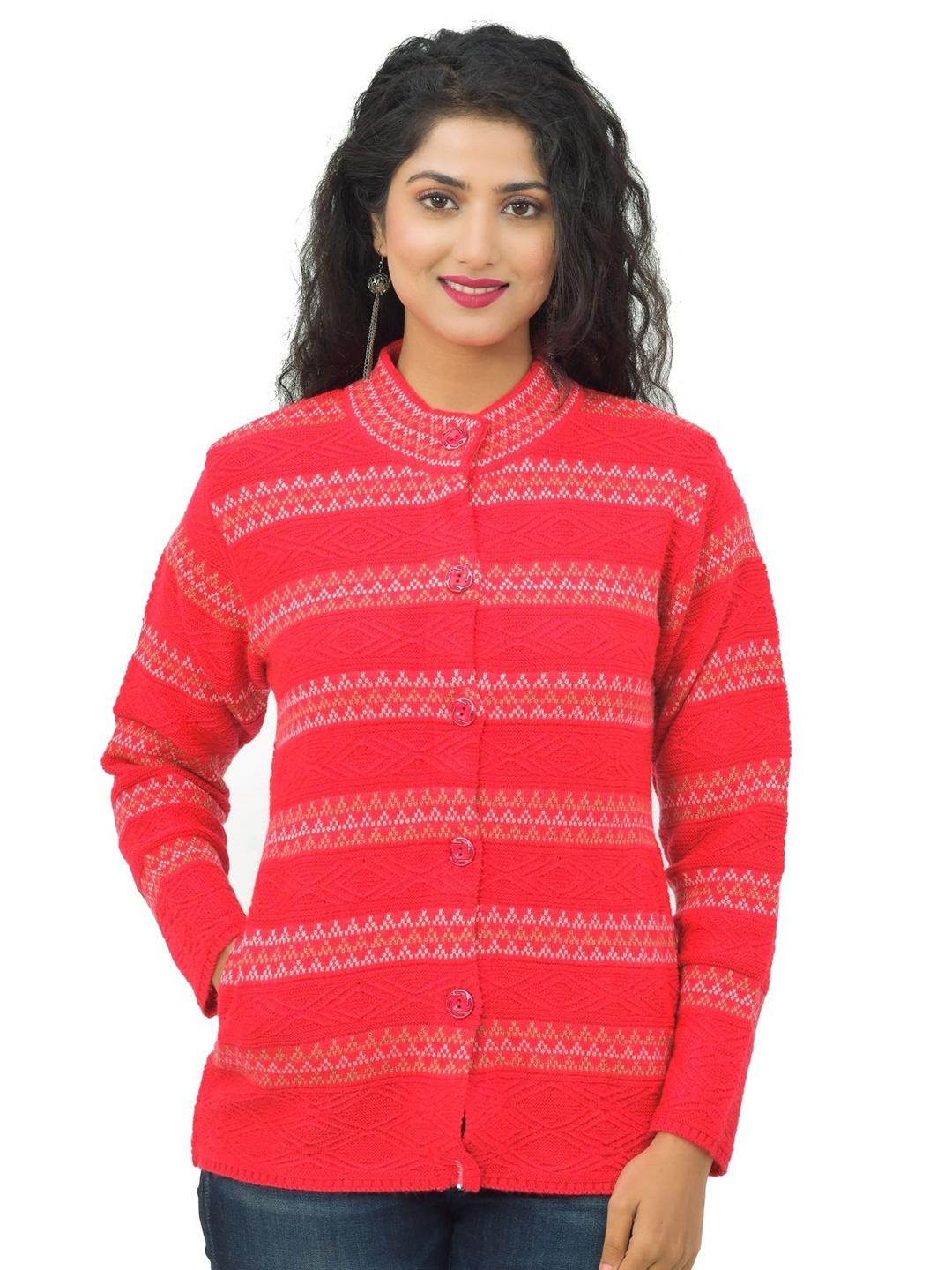 

BAISA Women Striped Printed Cardigan, Pink