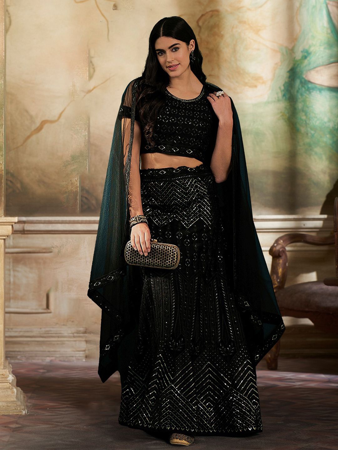 

Kvsfab Embroidered Sequinned Semi-Stitched Lehenga & Blouse With Dupatta, Black