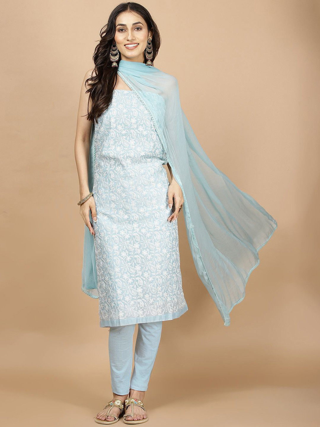 

Meena Bazaar Floral Embroidered Thread Work Chanderi Unstitched Dress Material, Blue