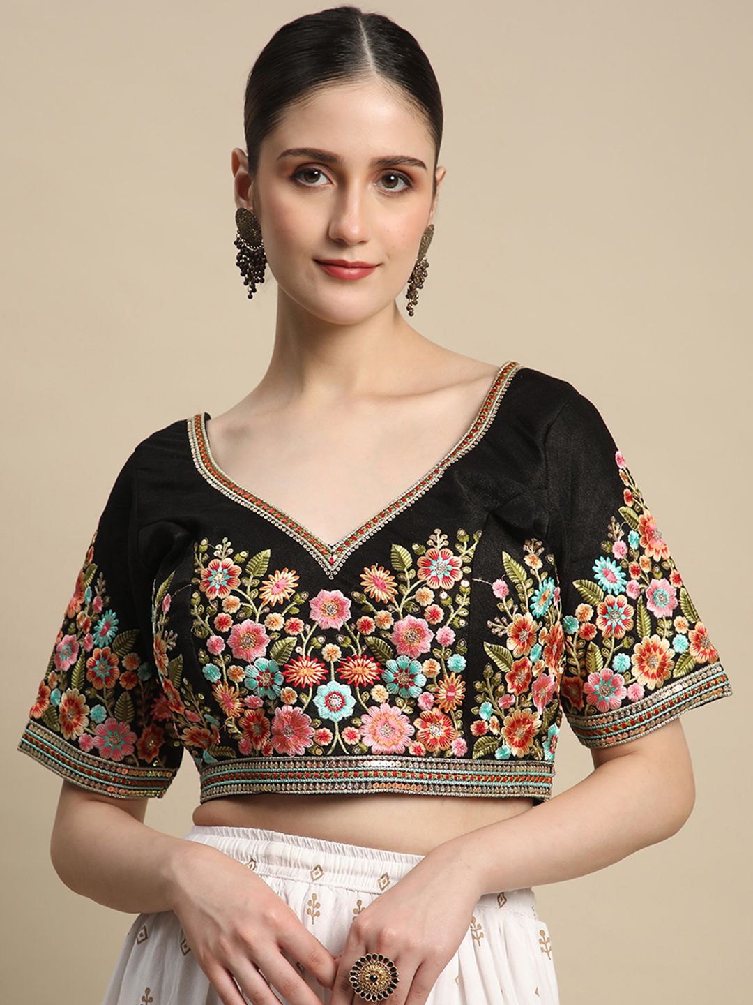 

BAPS Embroidered Thread work Women Saree Blouse, Black