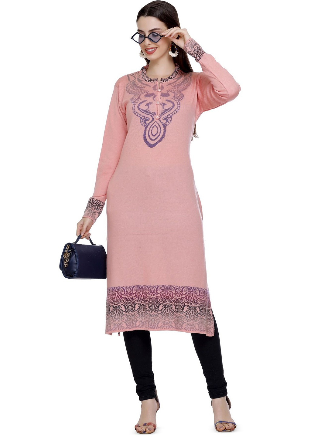 

MONTREX Women Ethnic Motifs Printed Floral Woollen Kurta, Pink