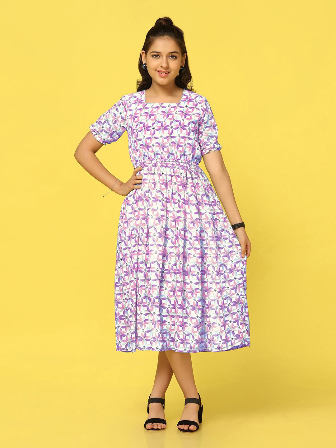 

BAESD Floral Print Puff Sleeve Georgette Fit & Flare Midi Dress, Violet
