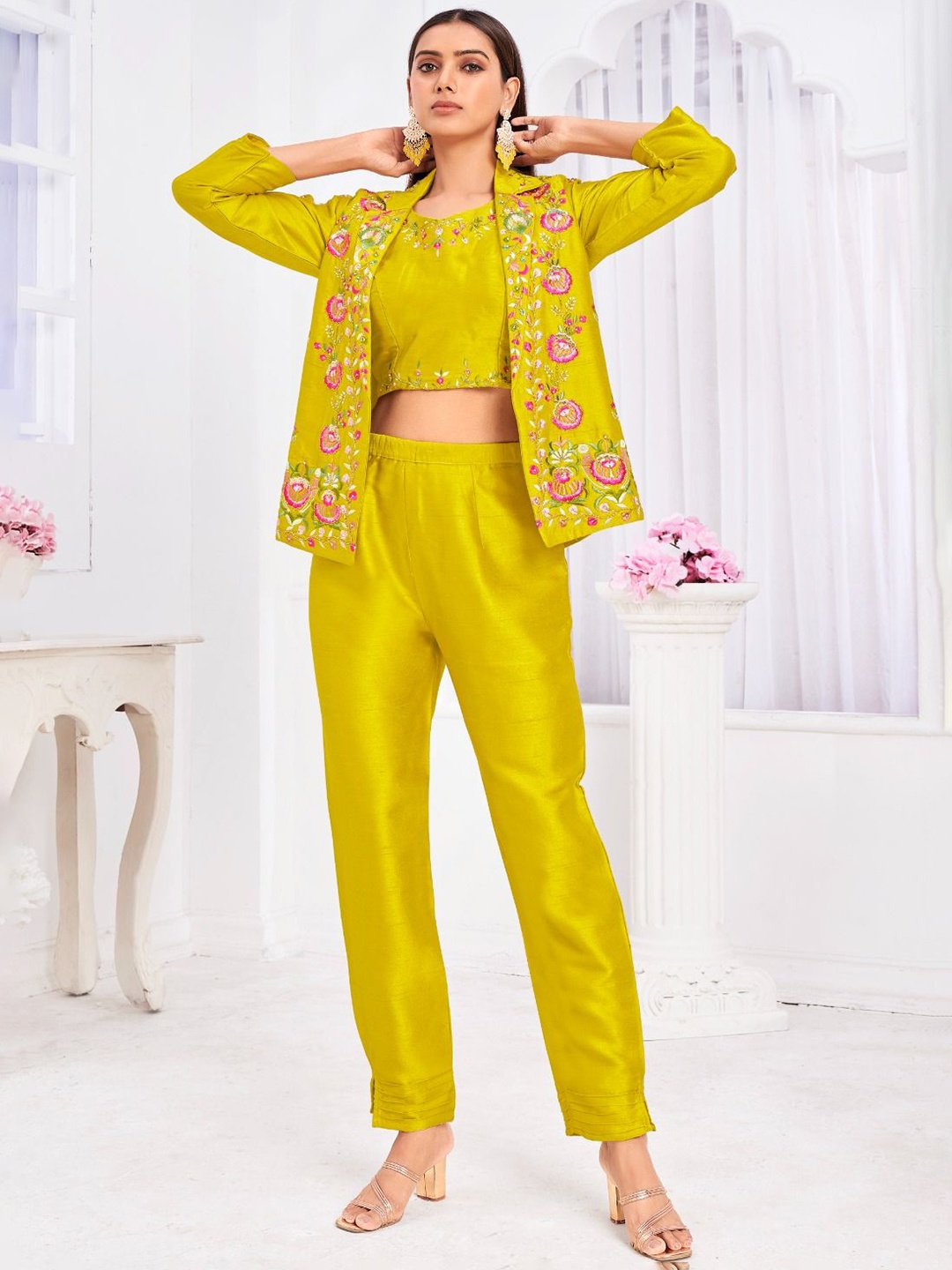

JIVORA Floral Embroidered Top With Shrug & Trouser Co-Ords, Yellow