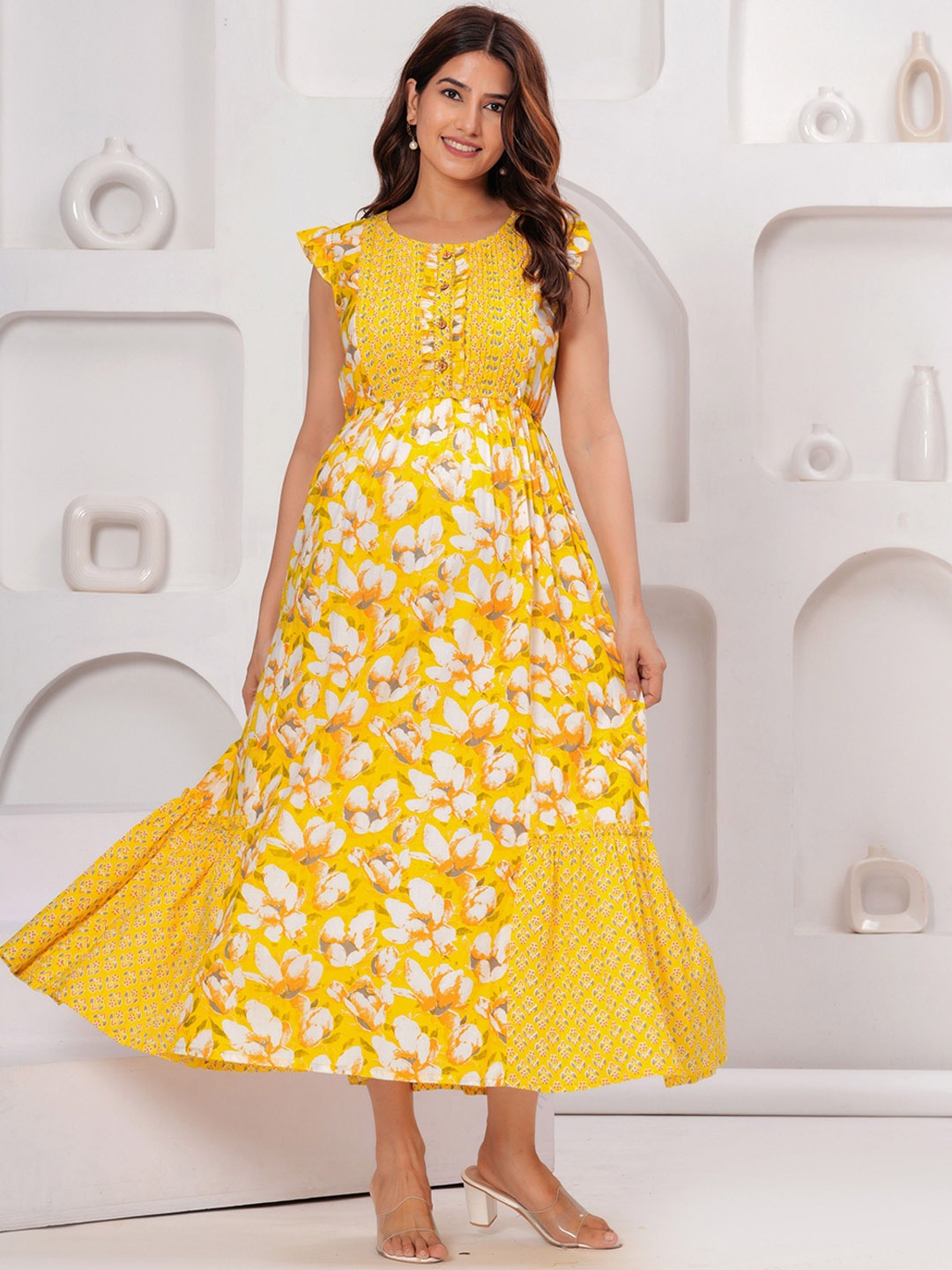 

Meeranshi Printed Maternity & Feeding Maxi Women Ethnic Dresses, Yellow