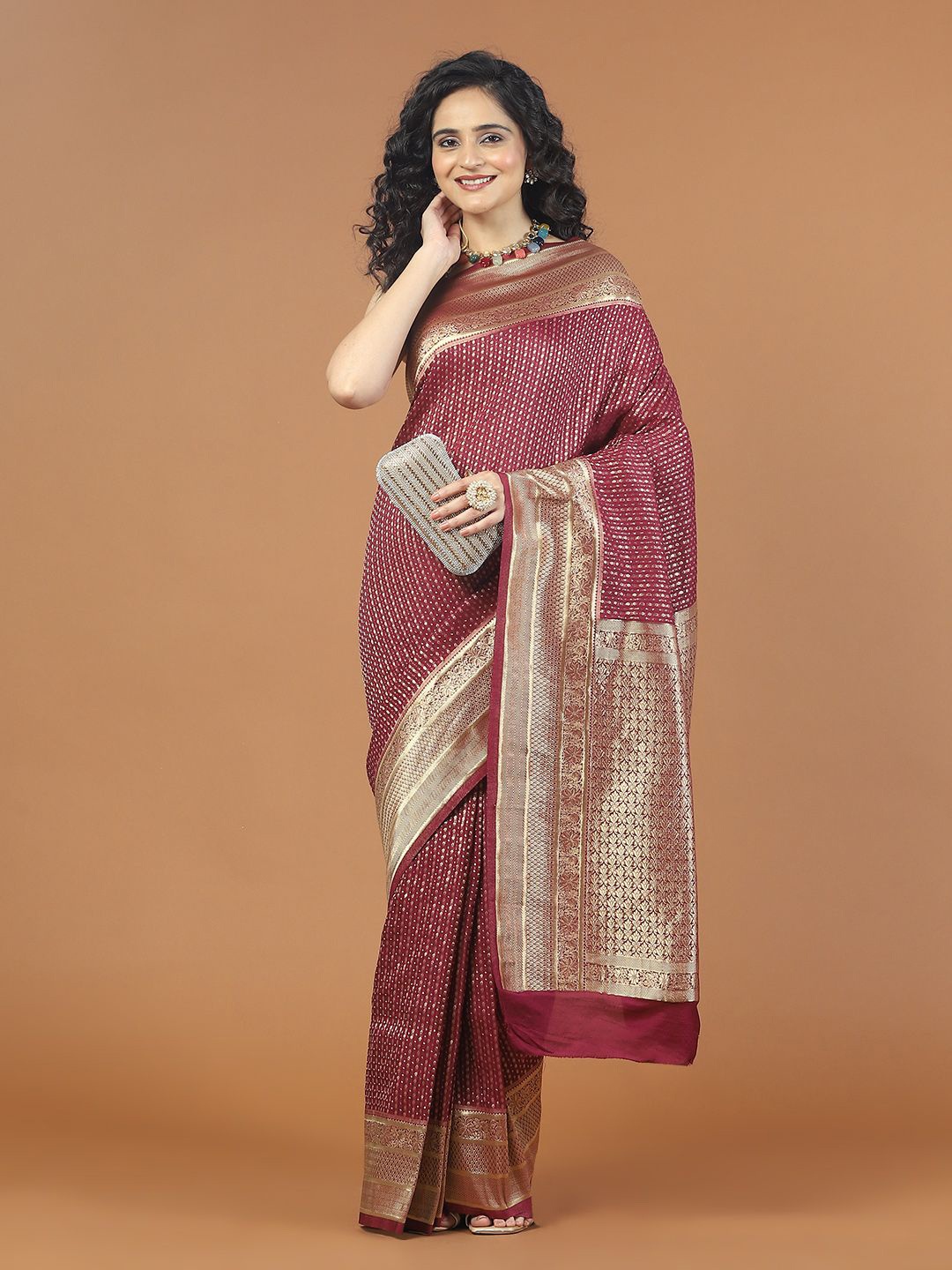 

Meena Bazaar Woven Design Zari Poly Crepe Saree, Burgundy