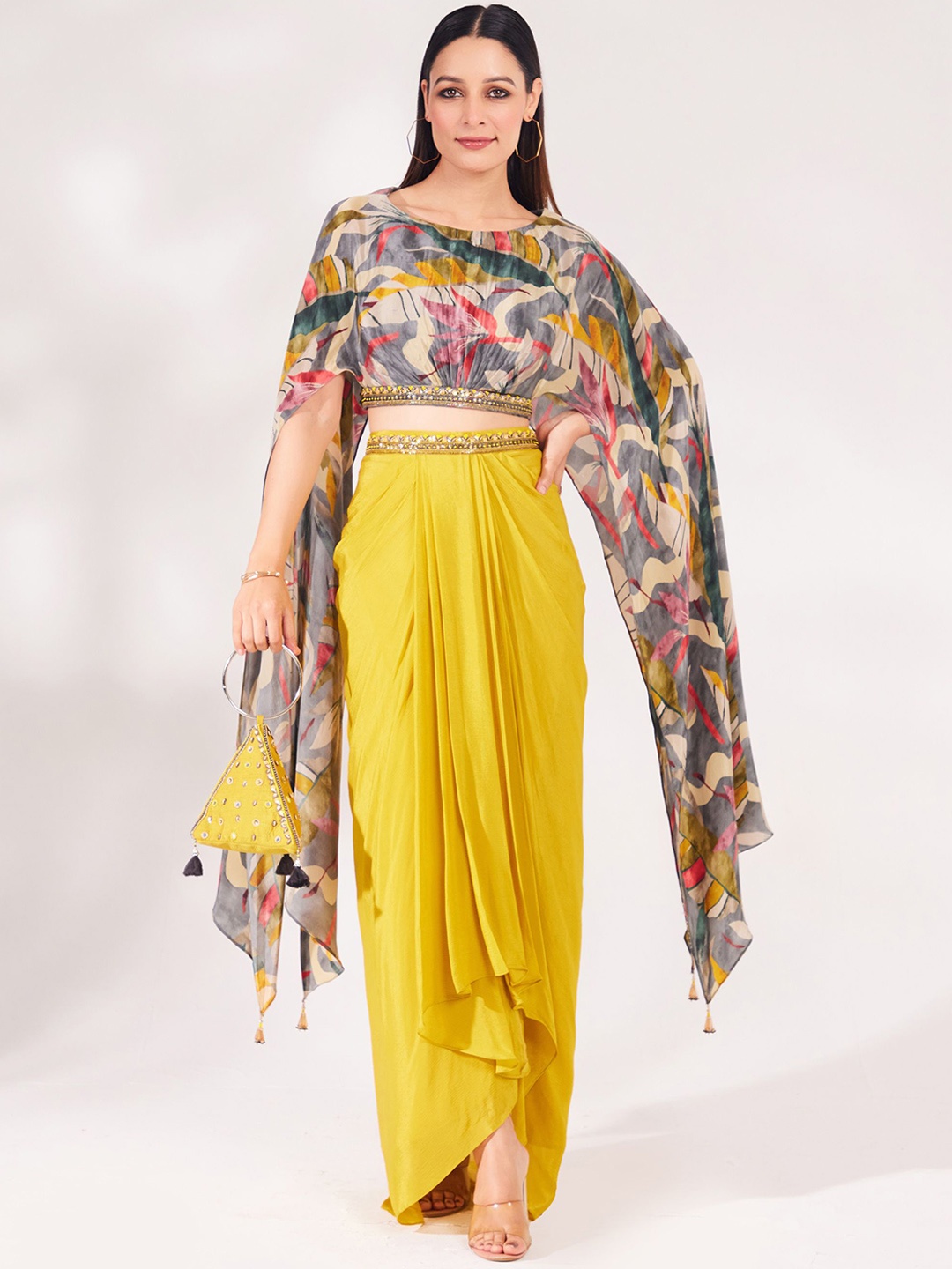 

Chaashni by Maansi & Ketan Printed Top With Drape Skirt, Mustard