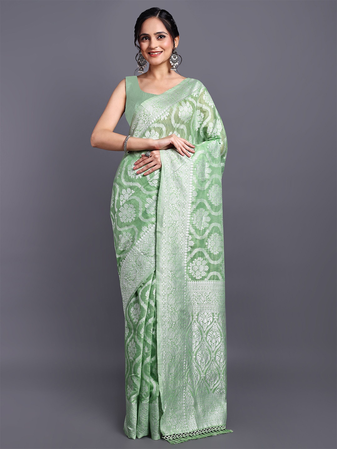 

SWAMI STUDIO Floral Zari Pure Cotton Kanjeevaram Saree, Green
