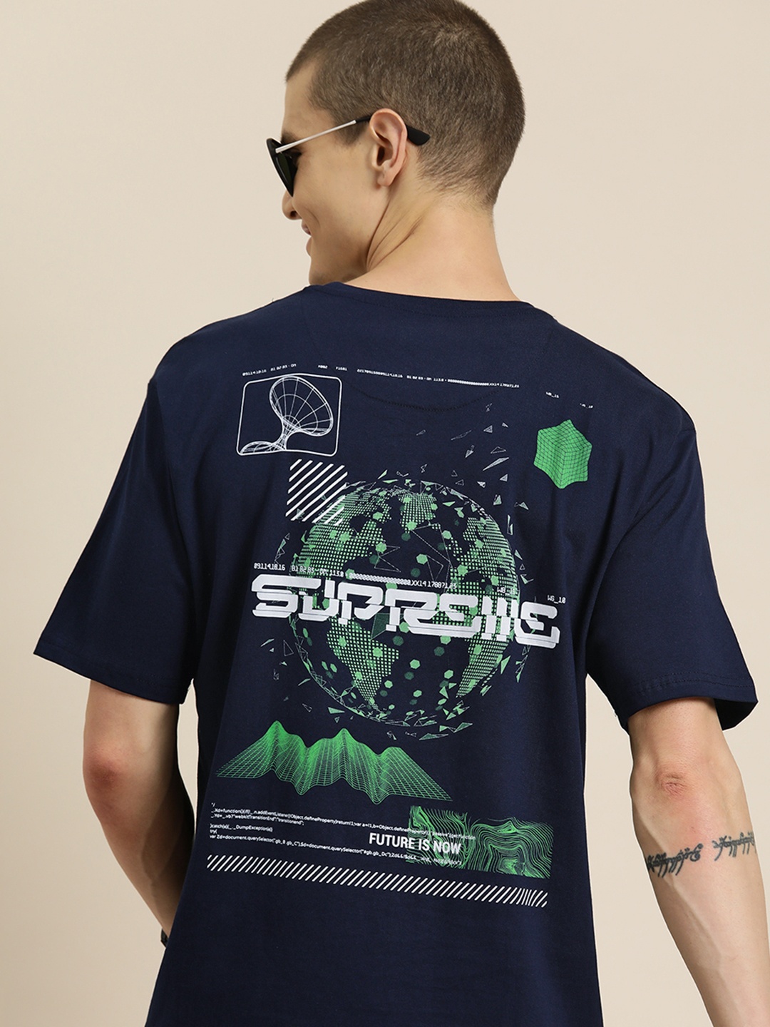 

HERE&NOW Printed Pure Cotton T-shirt, Navy blue