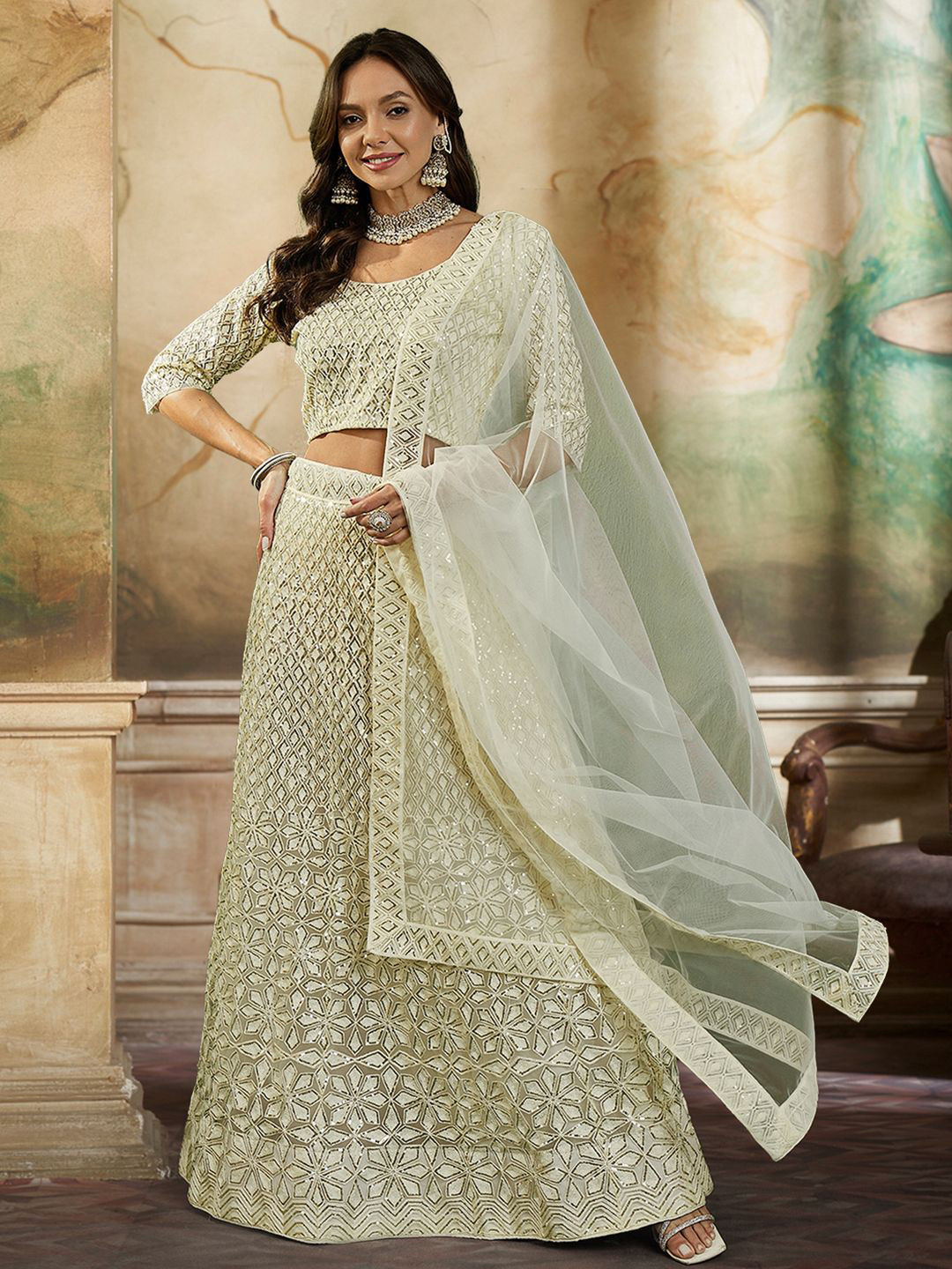 

Kvsfab Embroidered Sequinned Semi-Stitched Lehenga & Unstitched Blouse With Dupatta, Beige