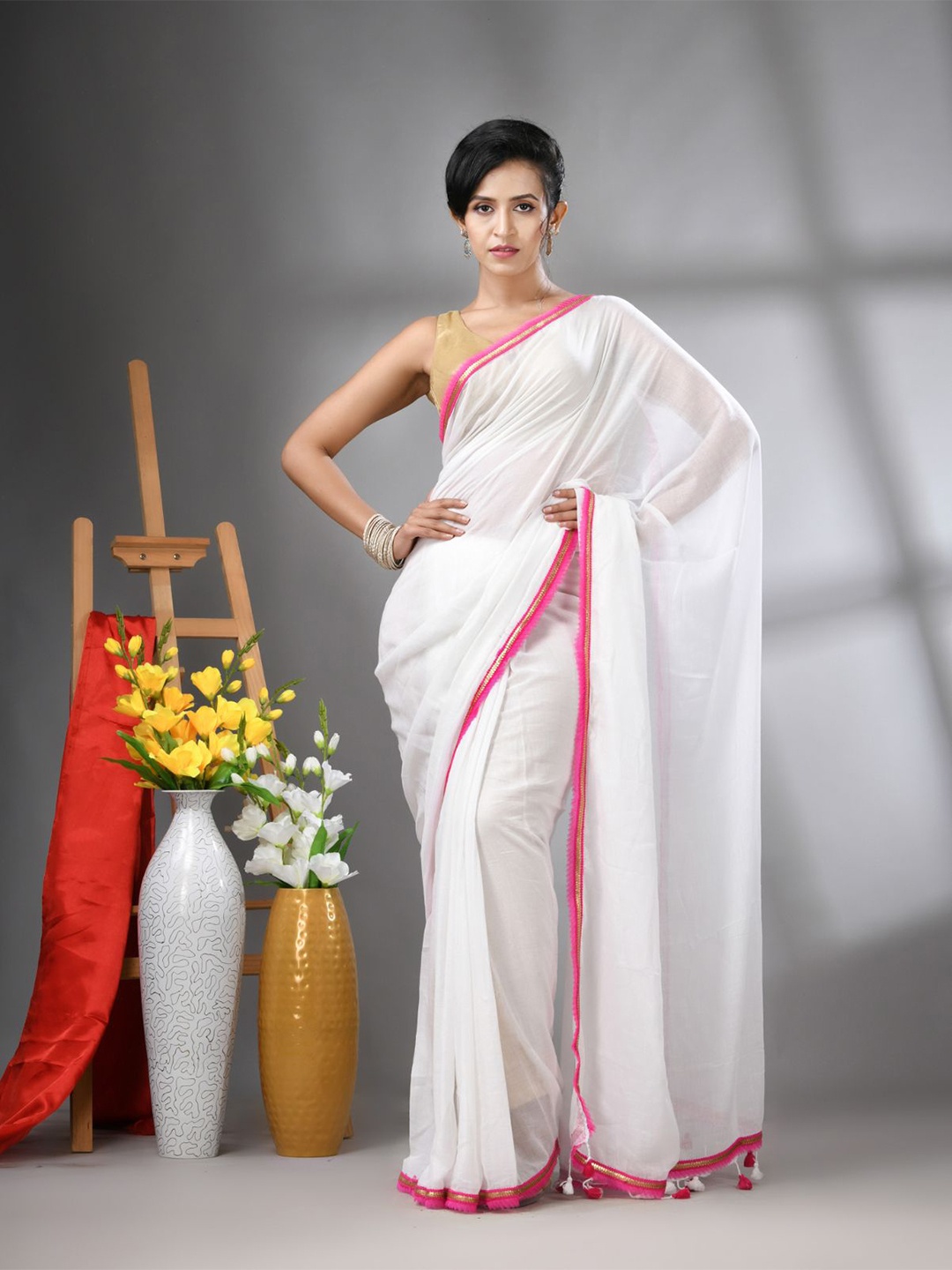 

Charukriti Gotta Patti Pure Cotton Saree, White