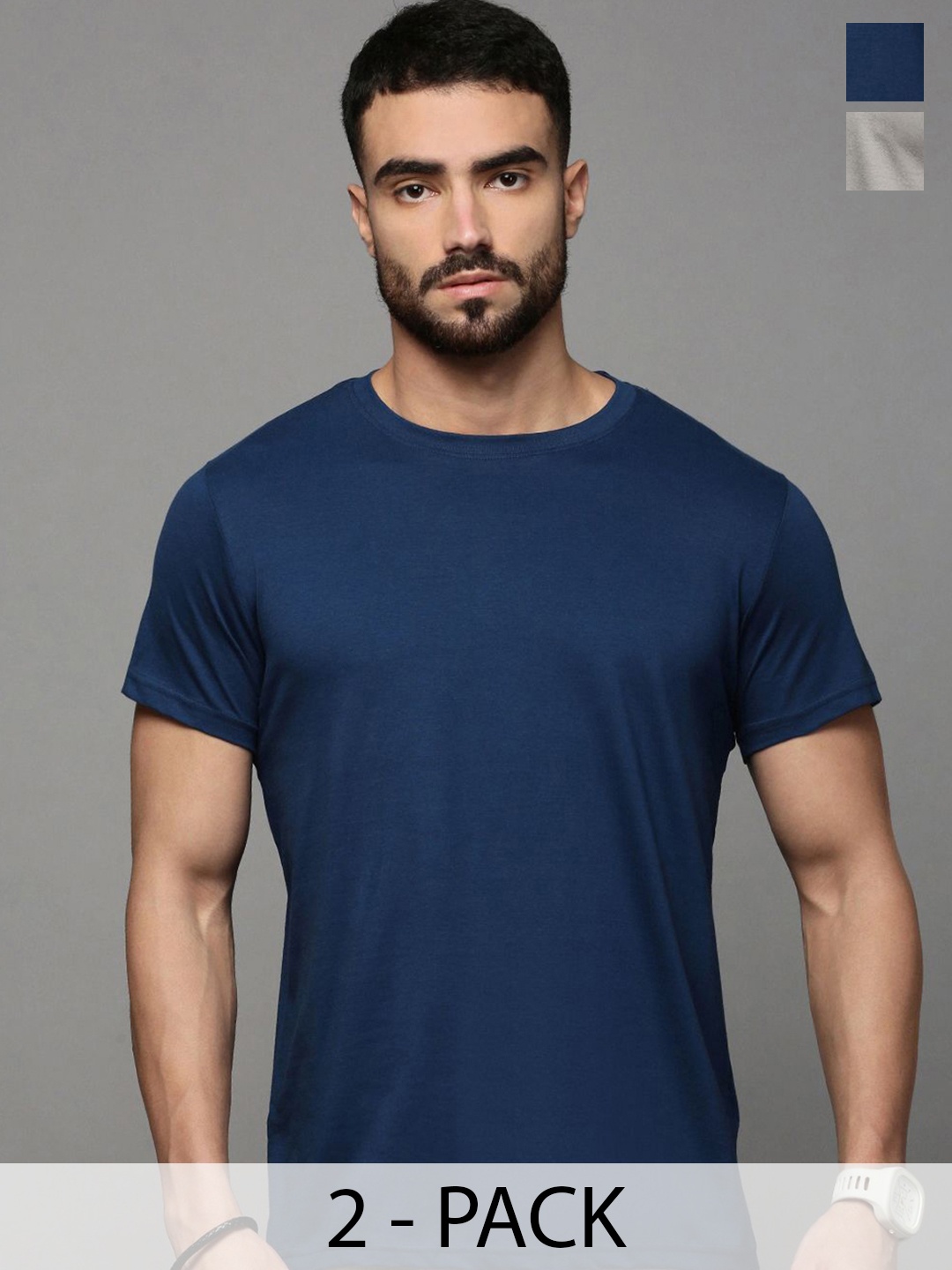 

Mast & Harbour Men Pack Of 2 Pure Cotton Regular Fit T-shirt, Navy blue