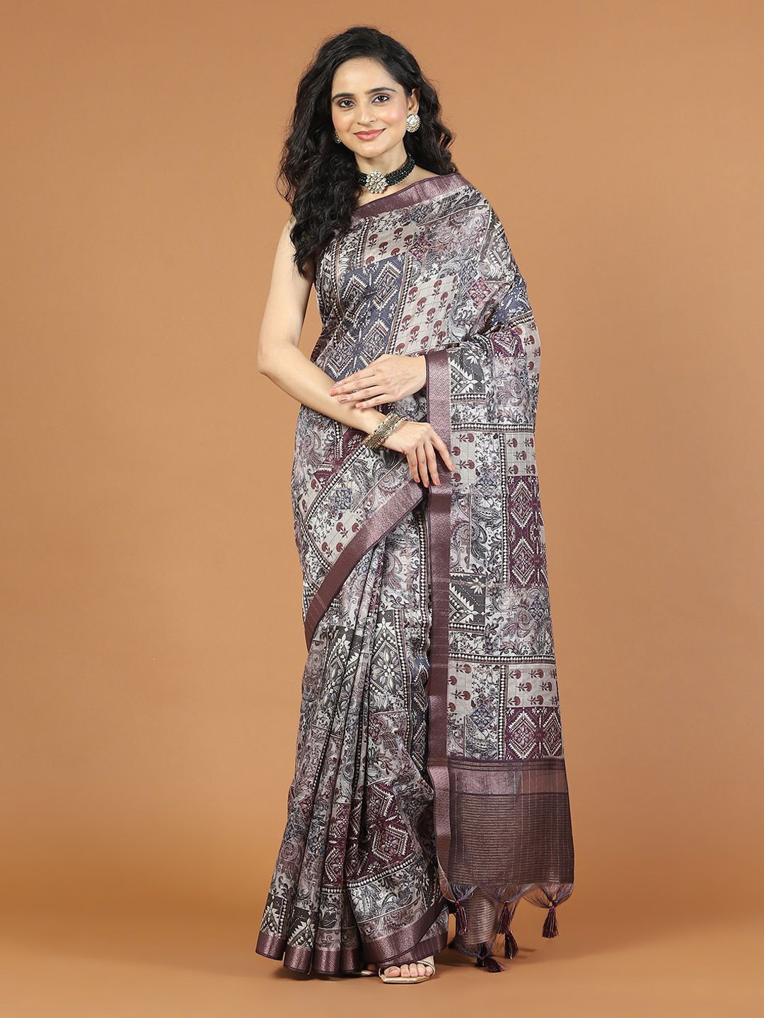 

Meena Bazaar Floral Zari Art Silk Tussar Saree, Purple