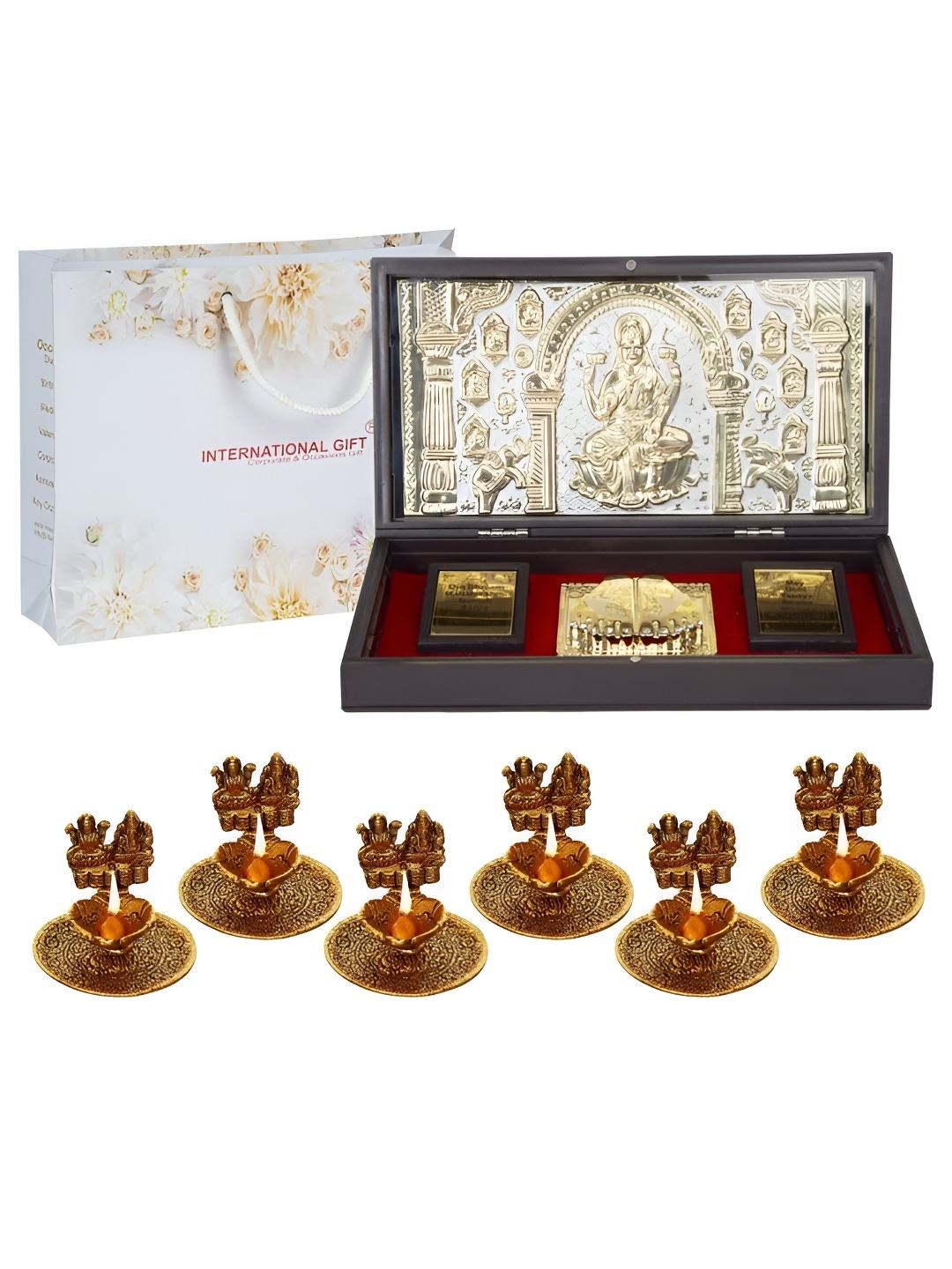 

INTERNATIONAL GIFT Gold-Toned Mata Saraswati Charan Paduka Box With 6 Lakshmi Ganesh Diya