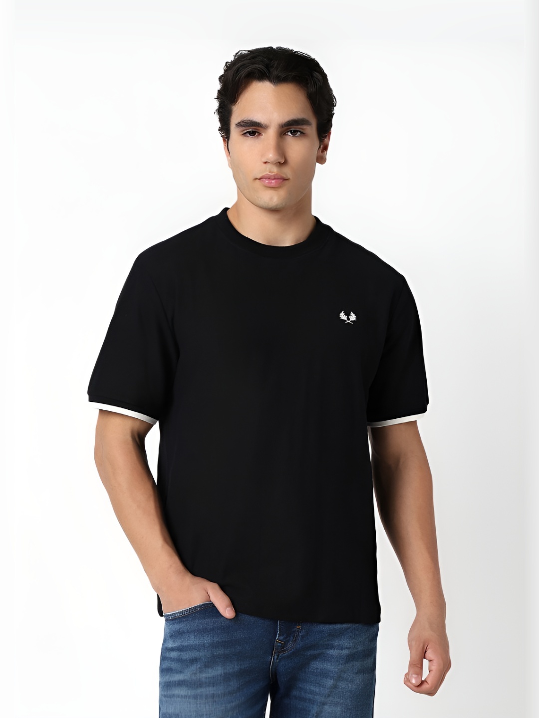 

R&B Men Solid Round Neck Cotton T-shirt, Black