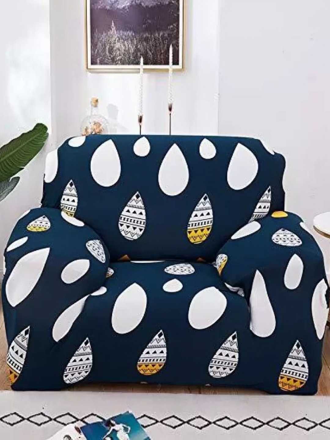 

B BESTILO Blue & White Geometric Printed Single Seater Sofa Cover With Arms