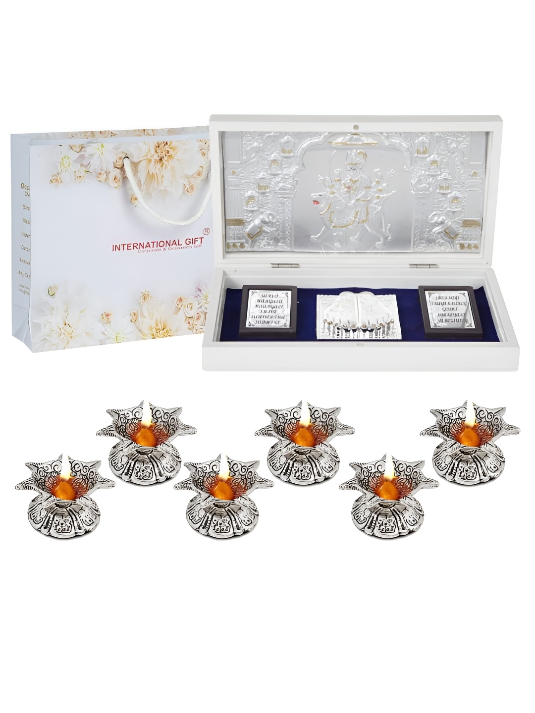 

INTERNATIONAL GIFT Silver-Toned Durga Mata Charan Paduka Box with 6 Diya