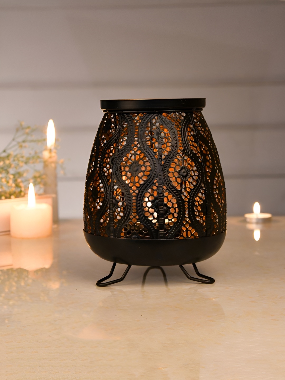 

TAYHAA Black & Copper Toned Textured Metal Glass Candle Holder