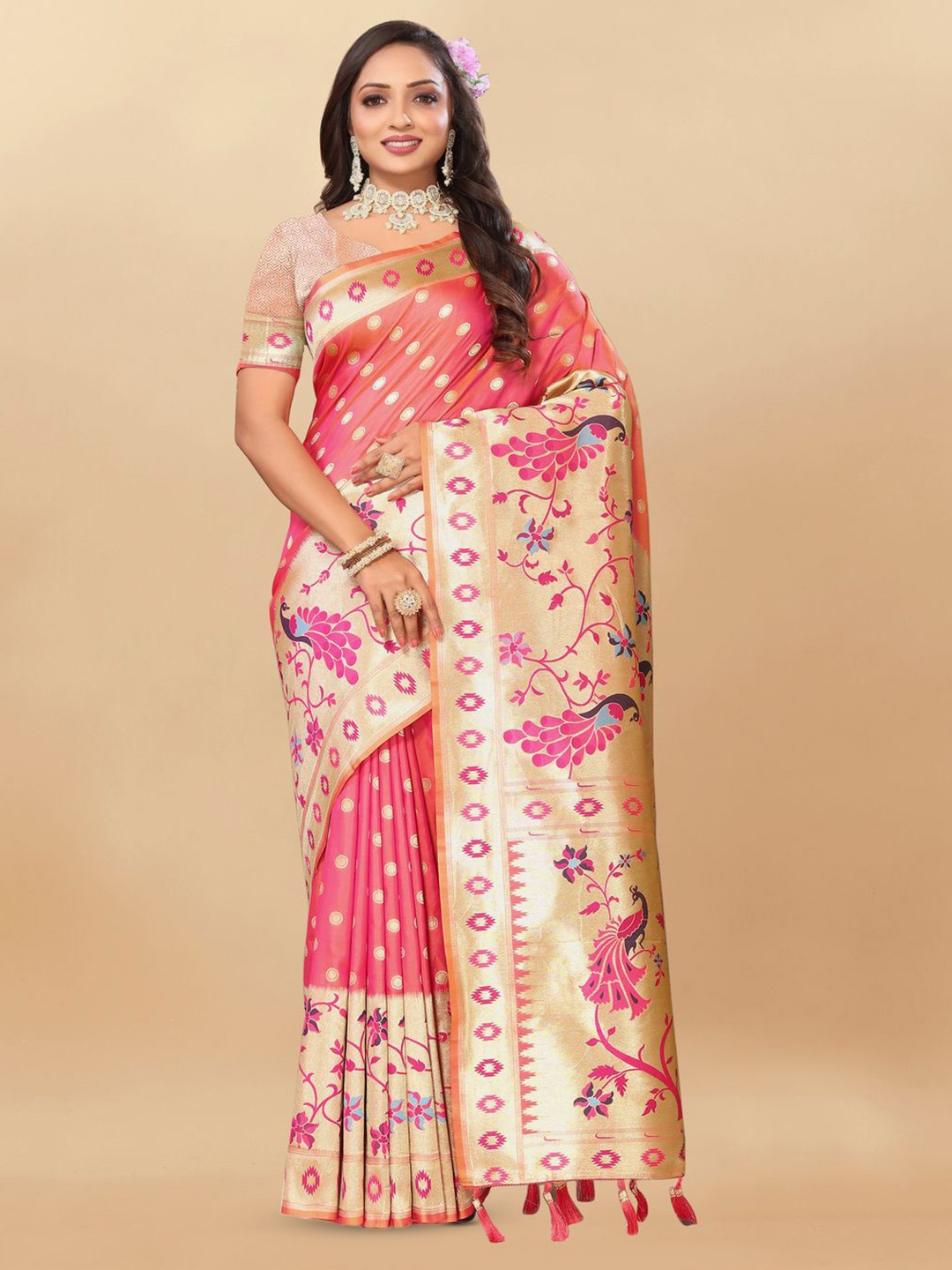 

MOKSHA DESIGNS Ethnic Motifs Zari Pure Silk Paithani Saree, Pink