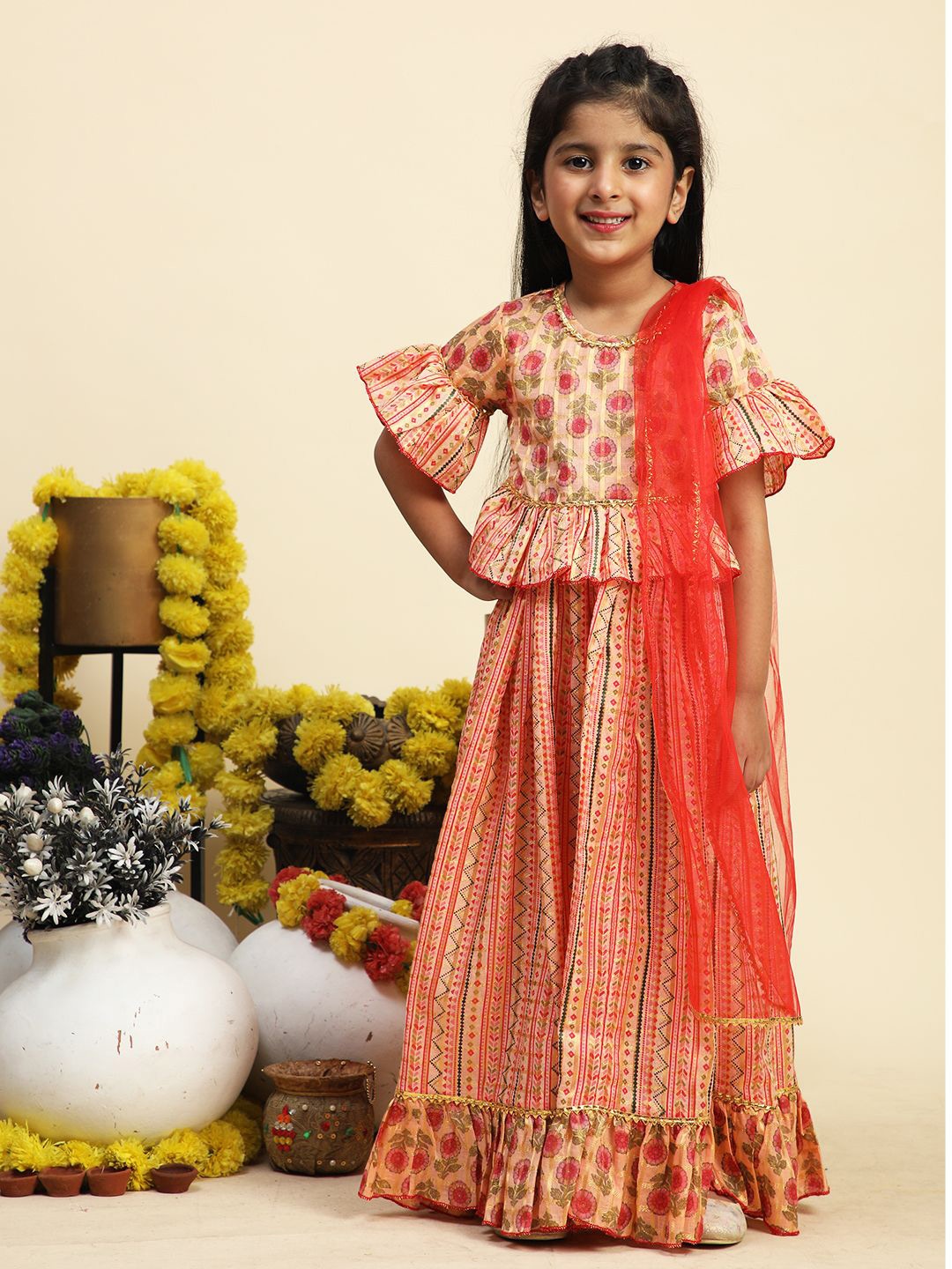 

Cutiekins Girls Printed Ready to Wear Lehenga & Blouse With Dupatta, Peach