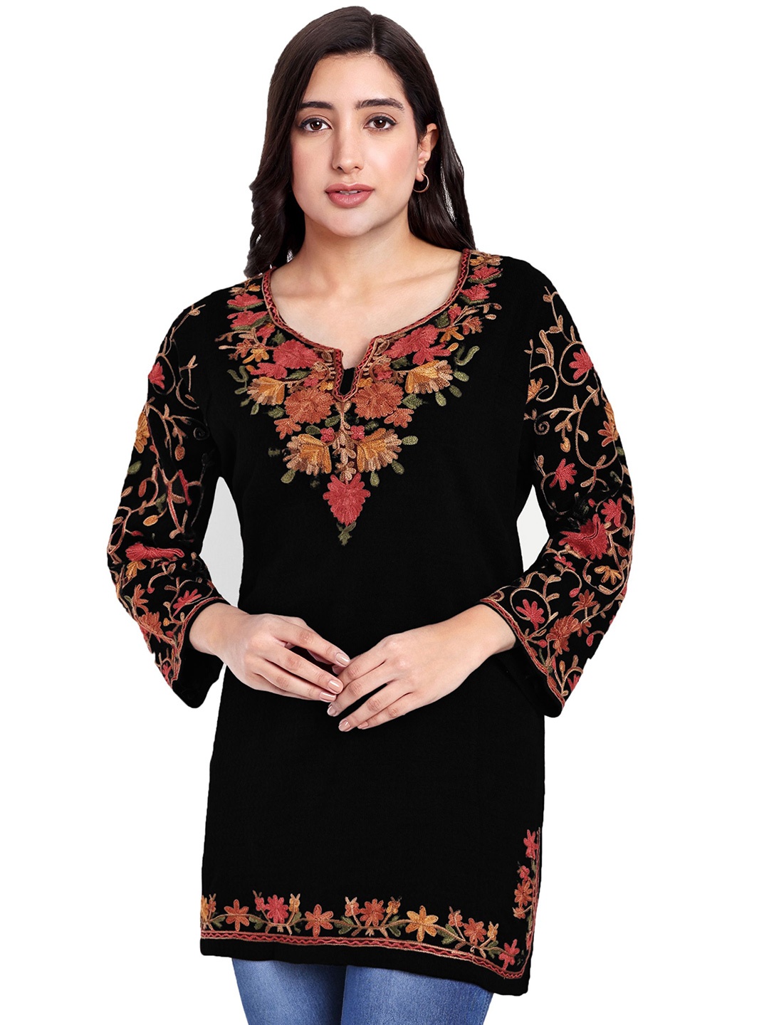 

HAUTEMODA Floral Embroidered V-Neck Thread Work Thread Work Kurti, Black