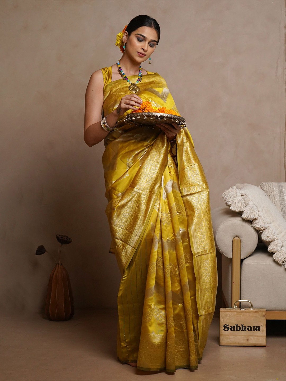 

Subham Woven Design Zari Silk Blend Banarasi Saree, Mustard