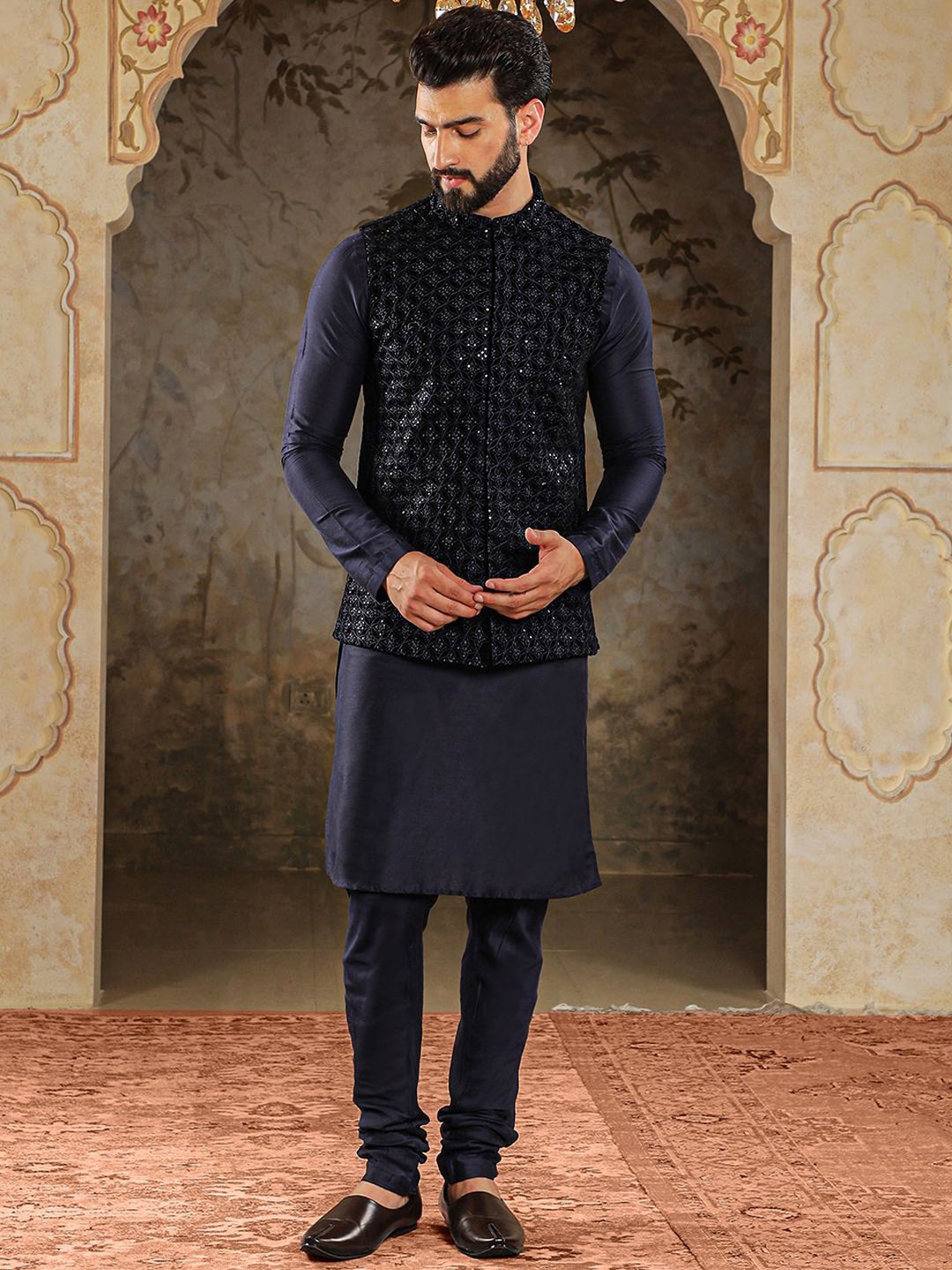 

HOUSE OF DEYANN Mandarin Collar Velvet Straight Kurta with Churidar & Nehru Jacket, Navy blue