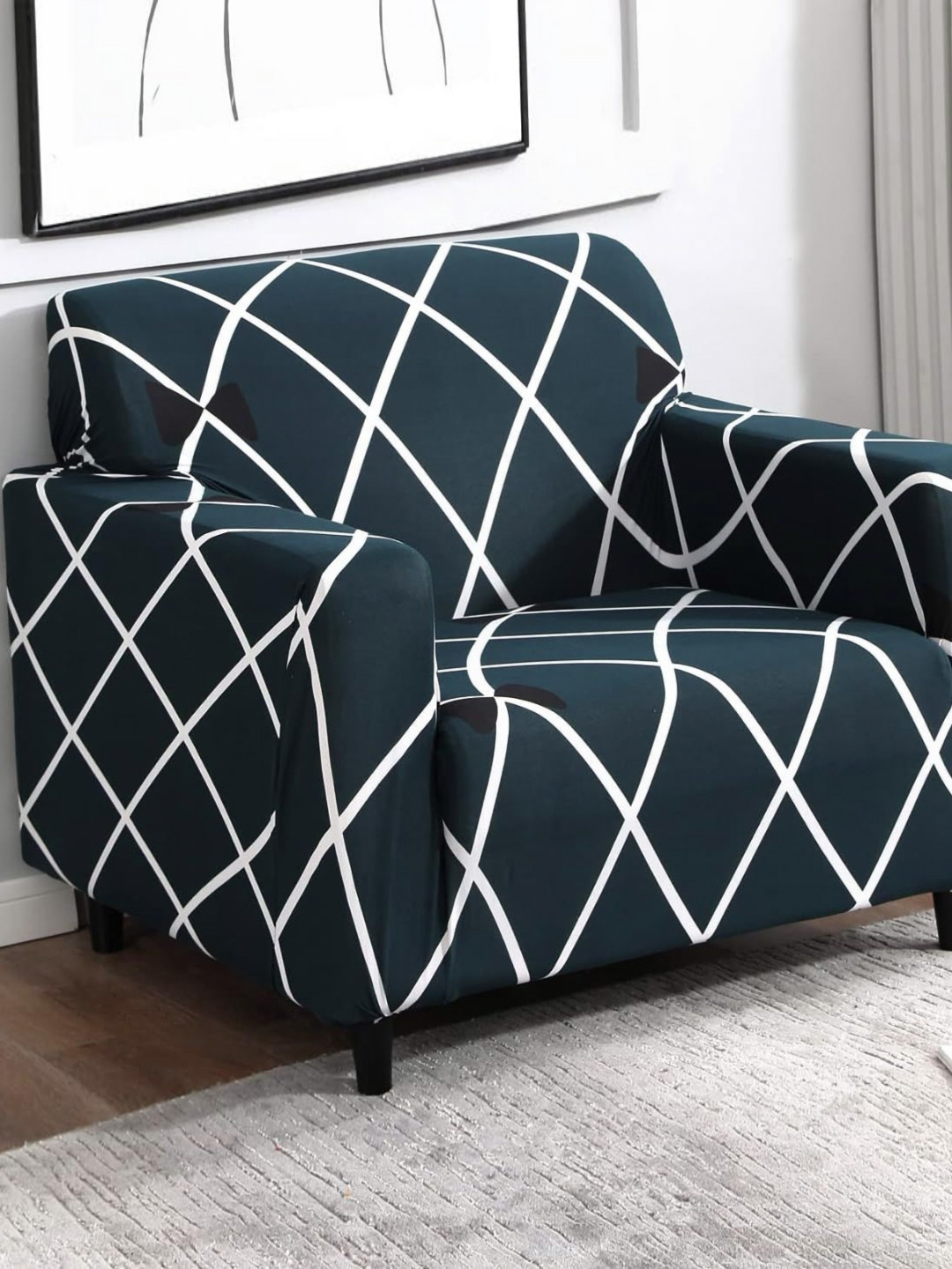 

B BESTILO Blue & White Printed Single Seater Sofa Cover With Arms