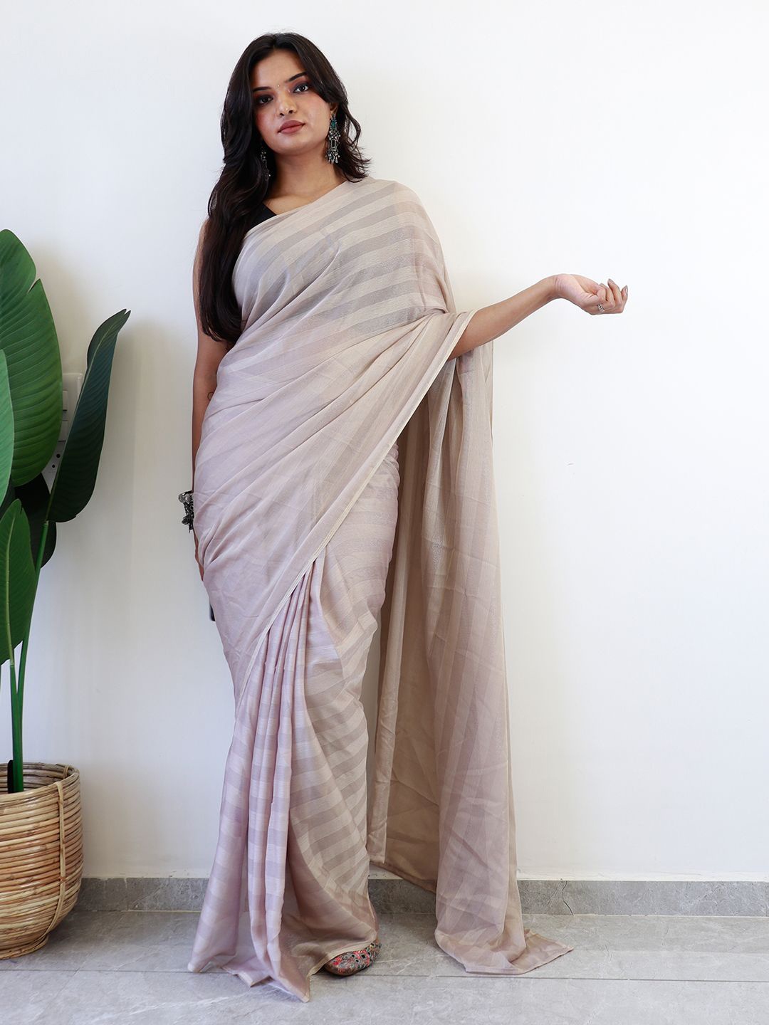 

Mitera Striped Ready to Wear Saree, Grey