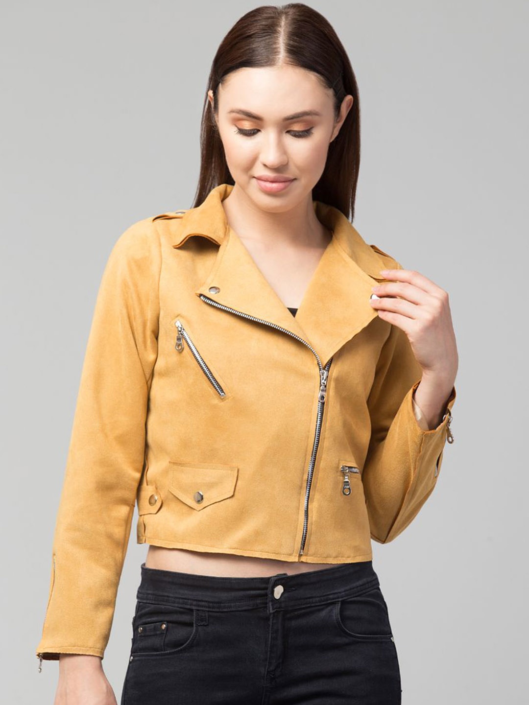 

GalaxyTrendz Women Suede Windcheater Crop Tailored Jacket, Mustard