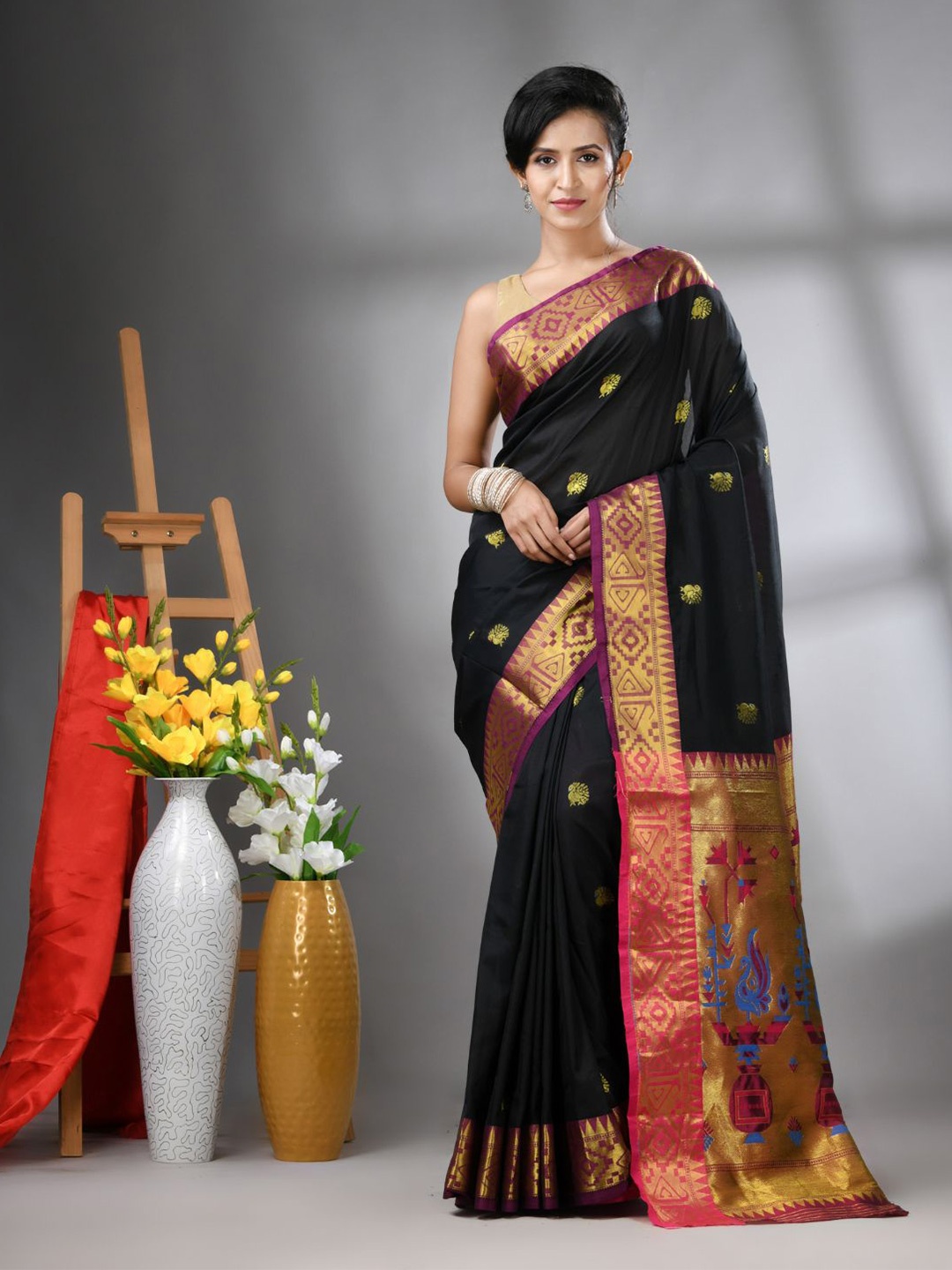

Charukriti Ethnic Motifs Zari Silk Blend Paithani Saree, Black