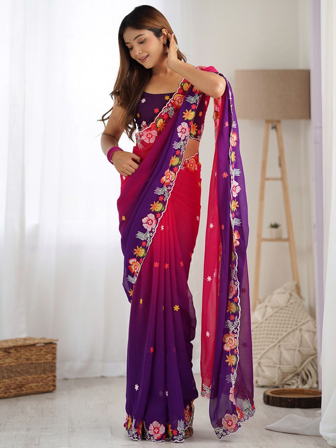 

Anouk Floral Embroidered Poly Georgette Saree, Pink