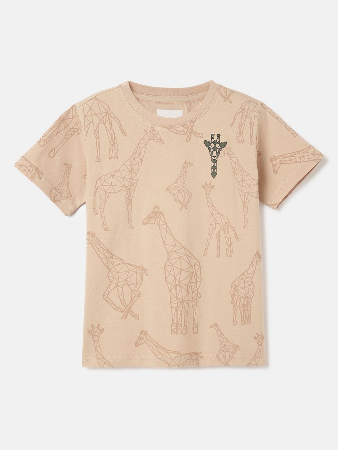 

Blue Giraffe Boys Animal Printed Round Neck Cotton T-shirt, Beige