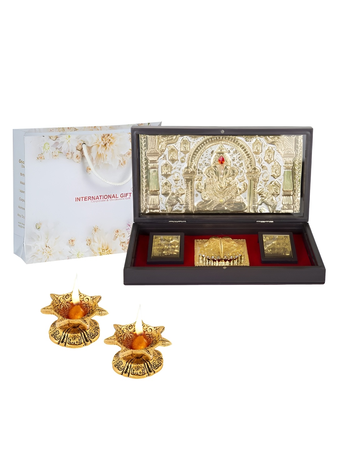 

INTERNATIONAL GIFT Gold-Toned Lord Ganesh Charan Paduka Box With 2 Jyot Diya