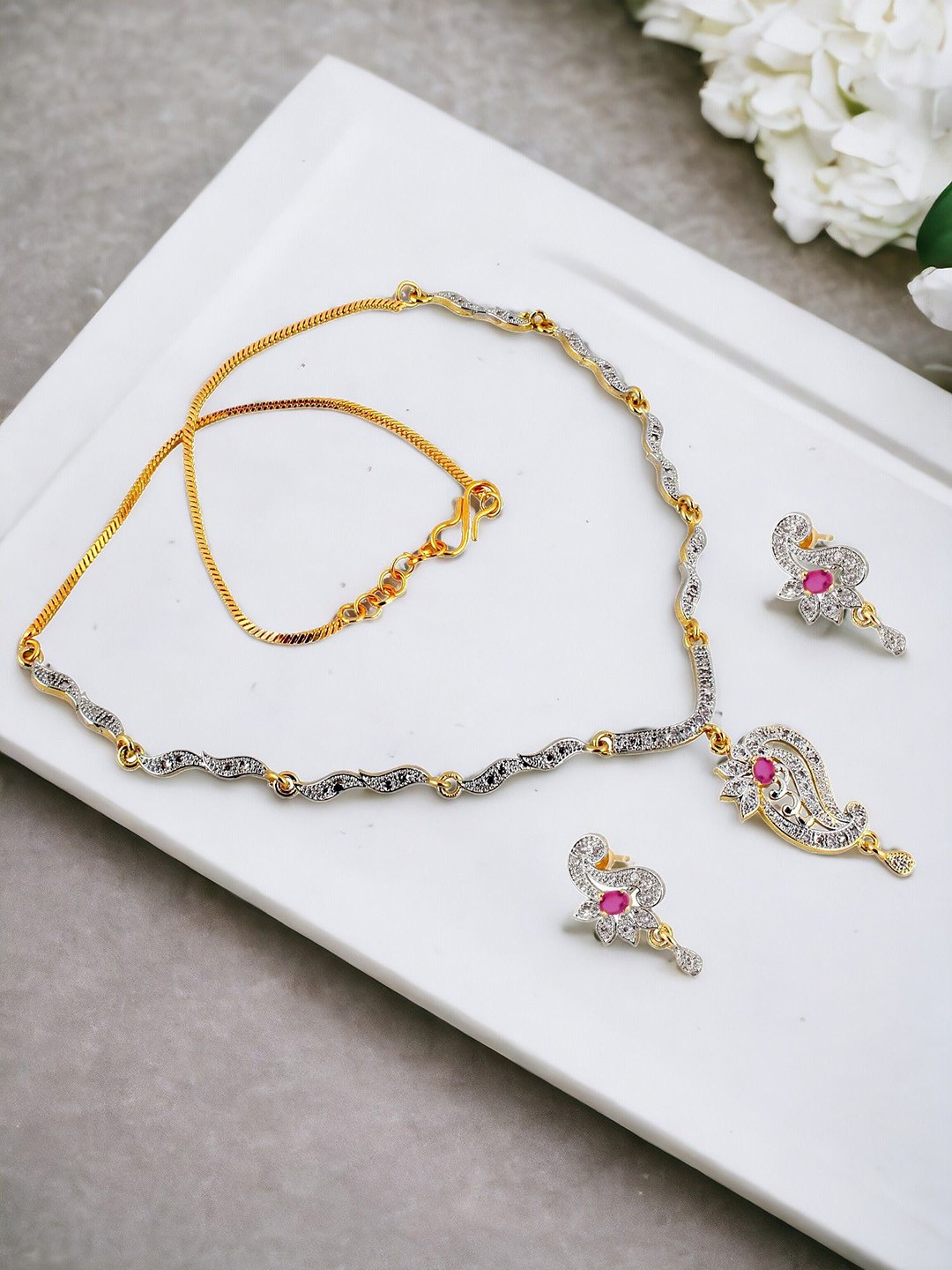 

LUCKY JEWELLERY 18K Gold-Plated American Diamond Stone-Studded Jewellery Set