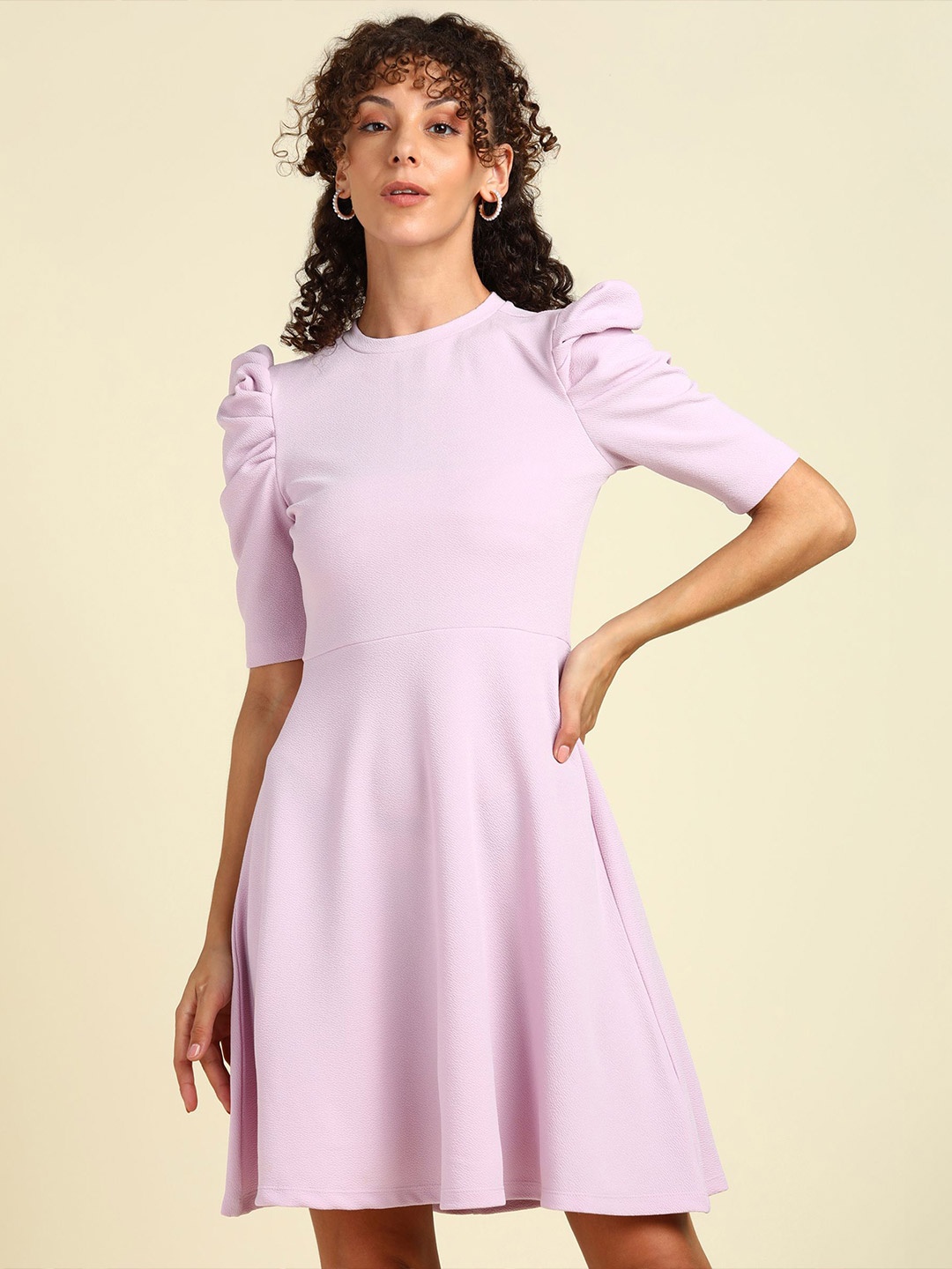 

SAFFE Puff Sleeve Fit & Flare Dress, Pink
